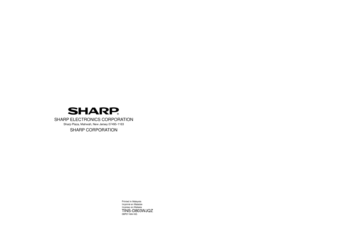 Sharp BD-HP21U operation manual Sharp Electronics Corporation 