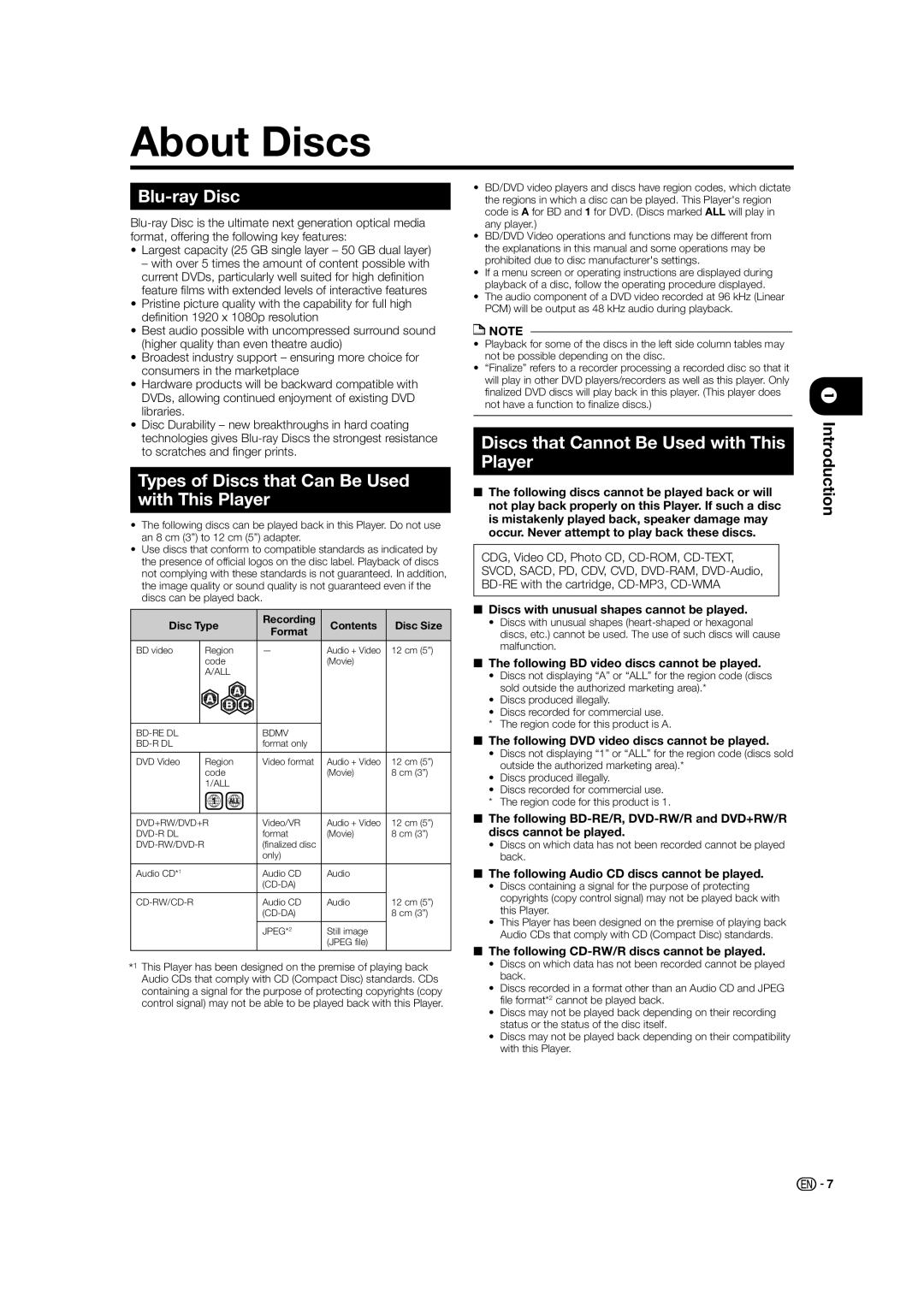 Sharp BD-HP21U operation manual About Discs, Blu-ray Disc, Types of Discs that Can Be Used with This Player 