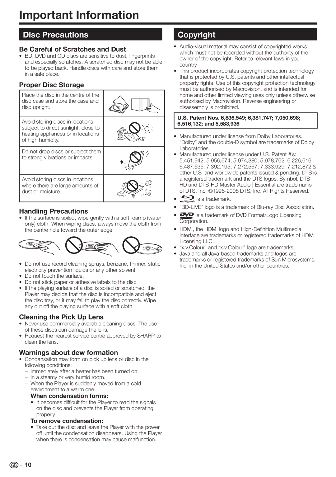 Sharp BD-HP22H operation manual Important Information, Disc Precautions, Copyright 