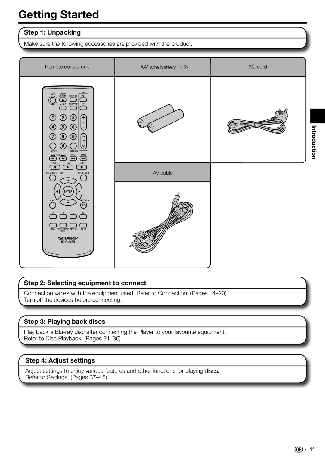Sharp BD-HP22H Getting Started, Unpacking, Selecting equipment to connect, Playing back discs, Adjust settings 