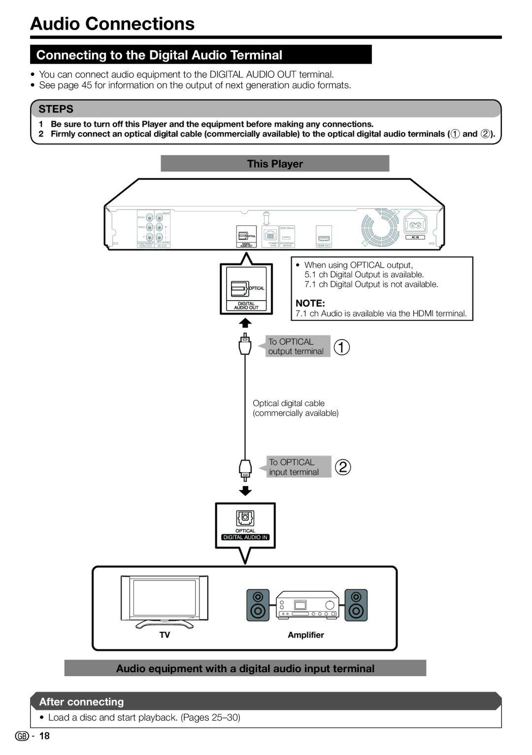 Sharp BD-HP22H operation manual Audio Connections, Connecting to the Digital Audio Terminal, To Optical Input terminal 