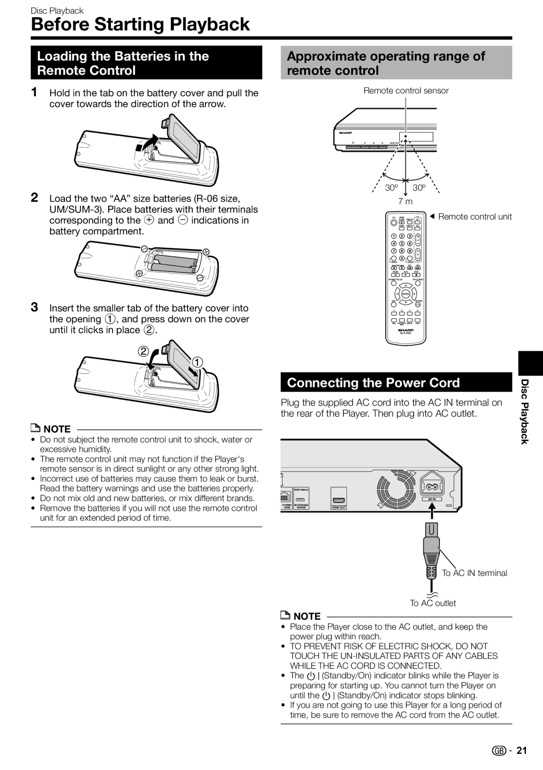 Sharp BD-HP22H Before Starting Playback, Loading the Batteries in the Remote Control, Connecting the Power Cord 