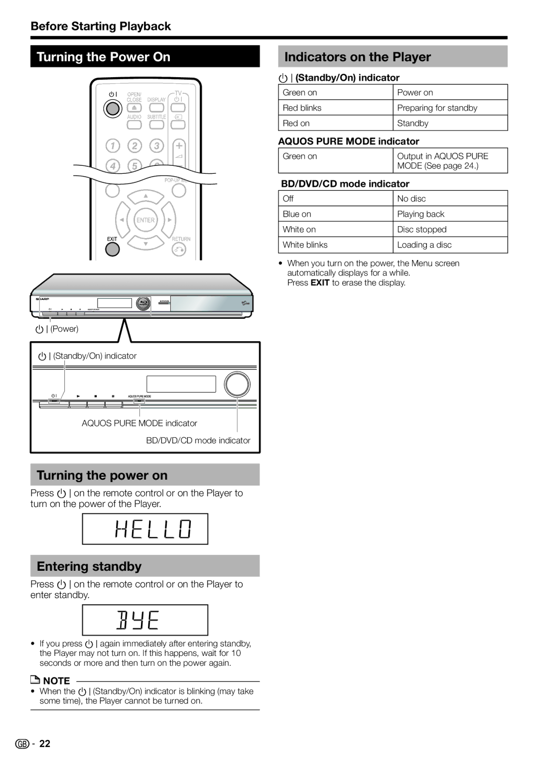 Sharp BD-HP22H operation manual Turning the Power On, Indicators on the Player, Turning the power on, Entering standby 