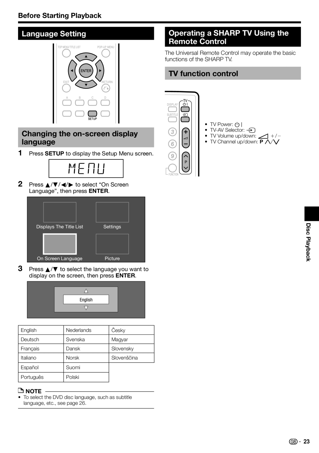 Sharp BD-HP22H Language Setting, Changing the on-screen display language, Operating a Sharp TV Using the Remote Control 