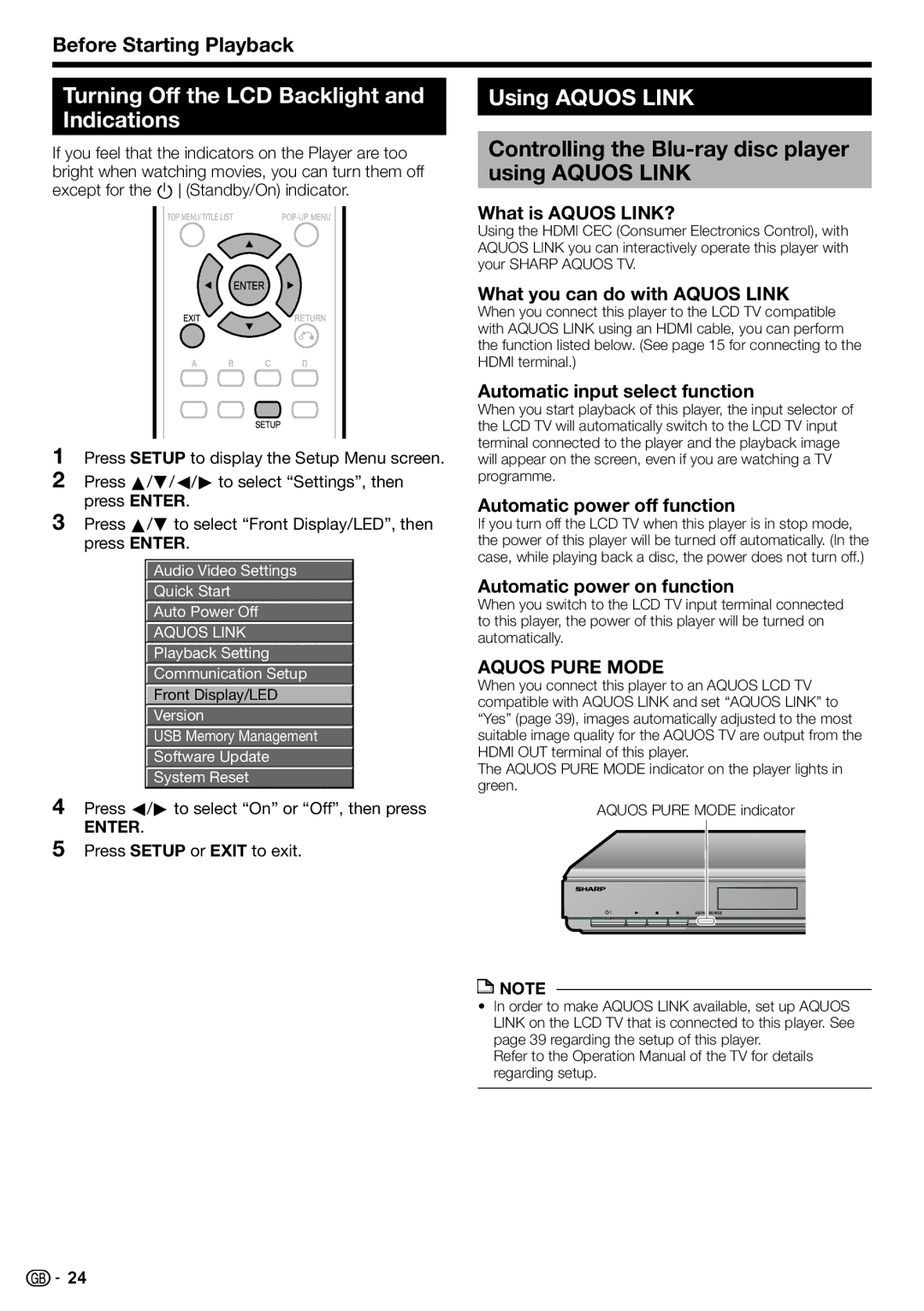 Sharp BD-HP22H operation manual Turning Off the LCD Backlight and Indications, Using Aquos Link 