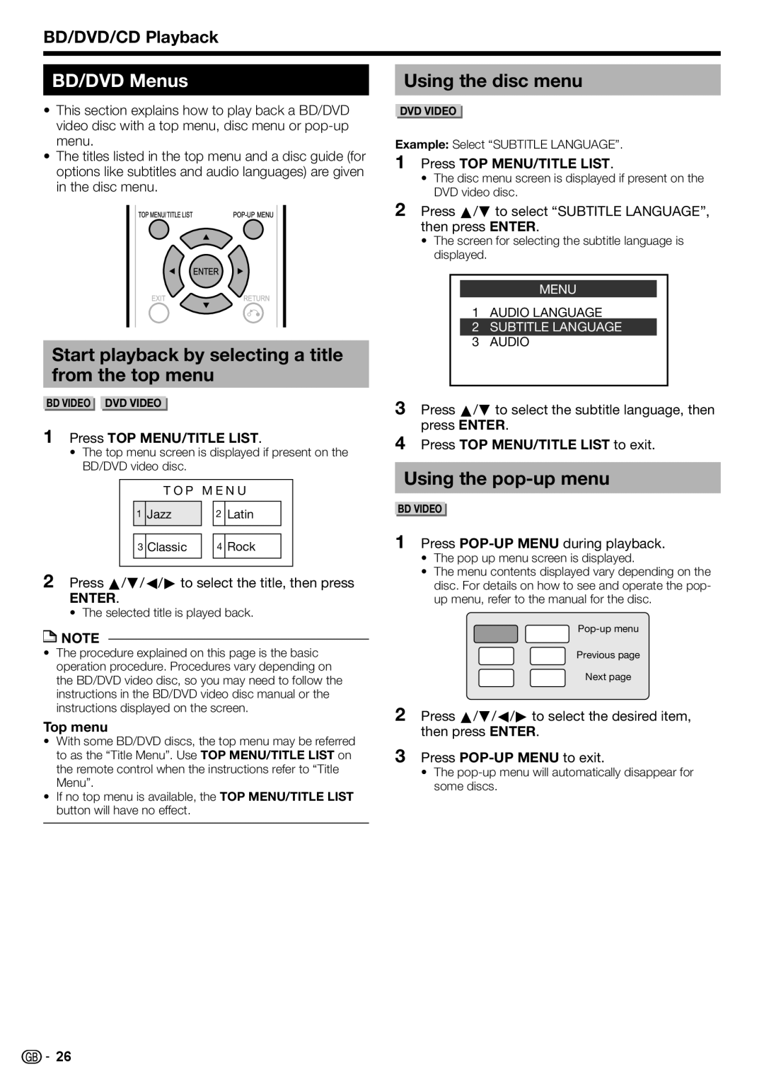 Sharp BD-HP22H operation manual BD/DVD Menus, Start playback by selecting a title from the top menu, Using the disc menu 