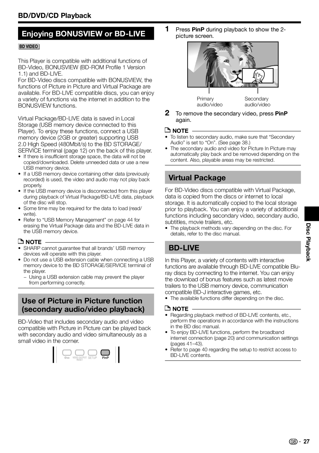 Sharp BD-HP22H operation manual Enjoying Bonusview or BD-LIVE, Virtual Package, Disc, Playback 