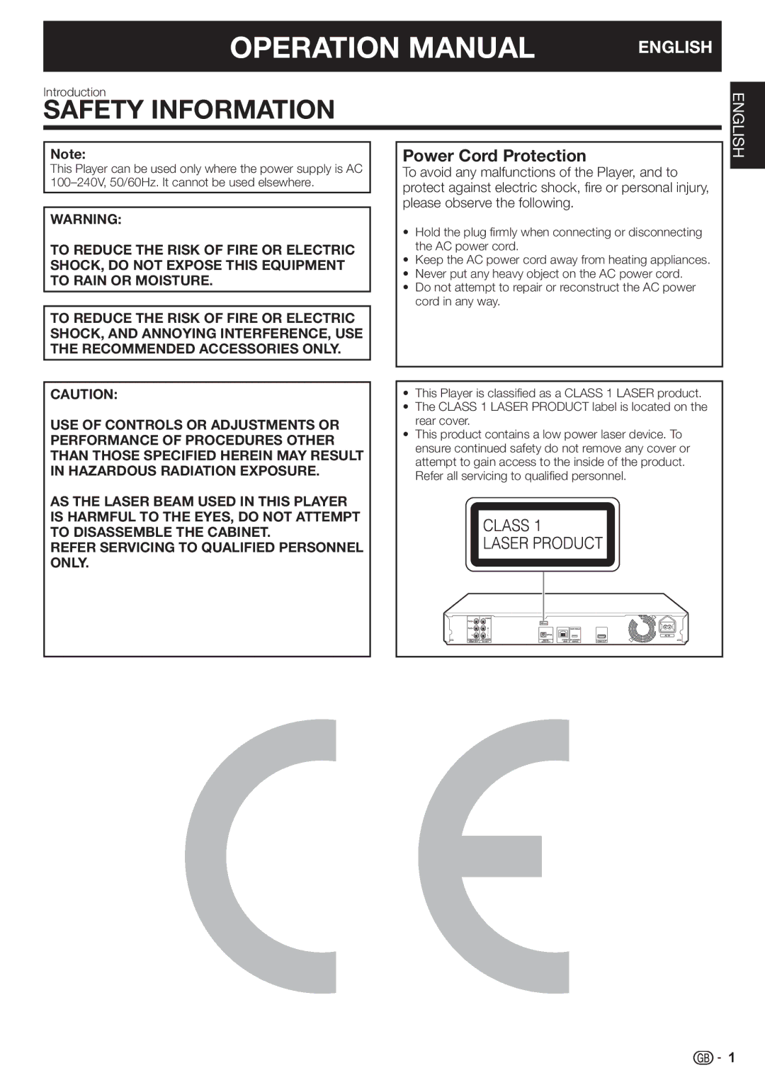 Sharp BD-HP22H operation manual Power Cord Protection, Introduction 