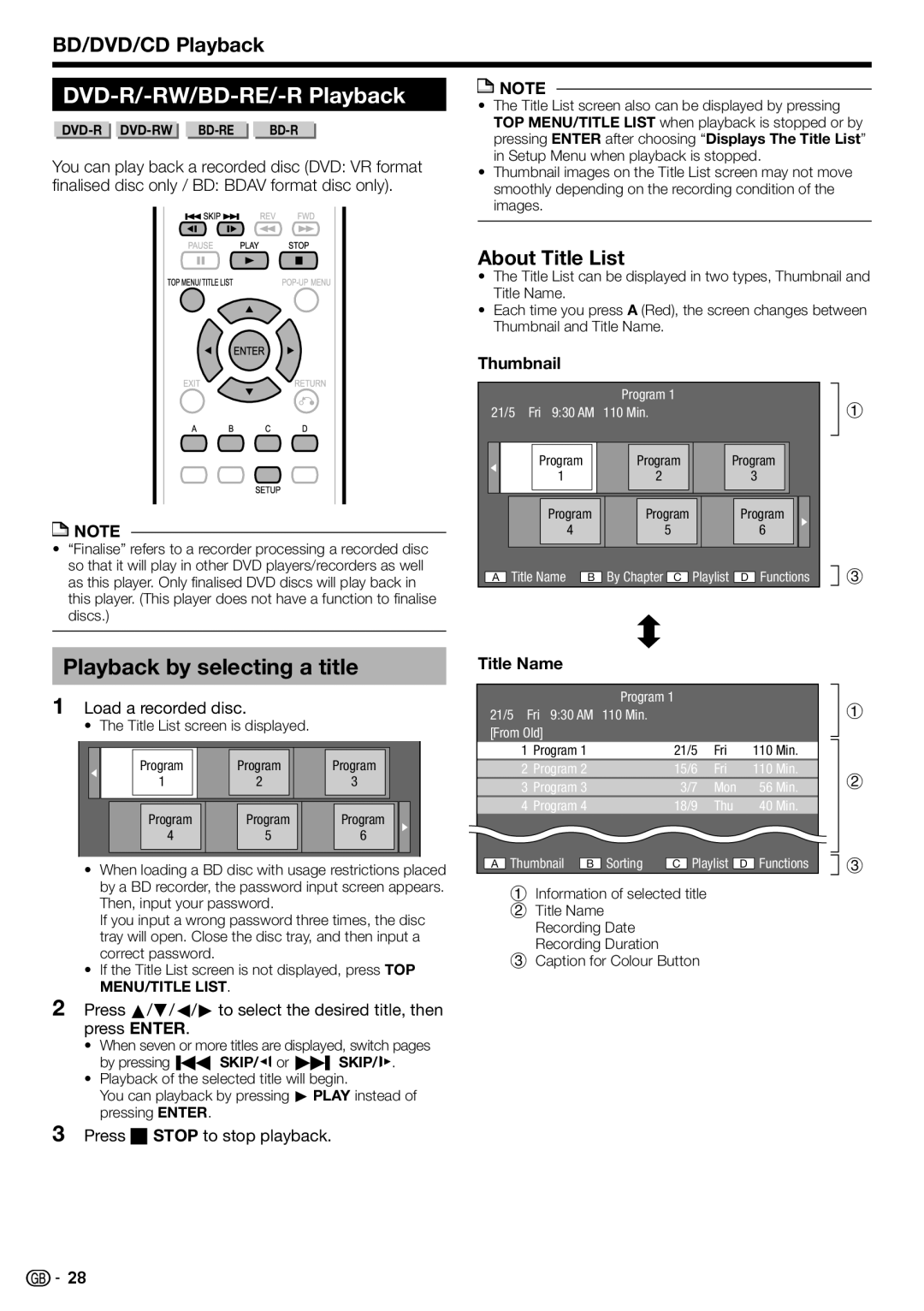 Sharp BD-HP22H DVD-R/-RW/BD-RE/-R Playback, Playback by selecting a title, About Title List, Thumbnail, Title Name 