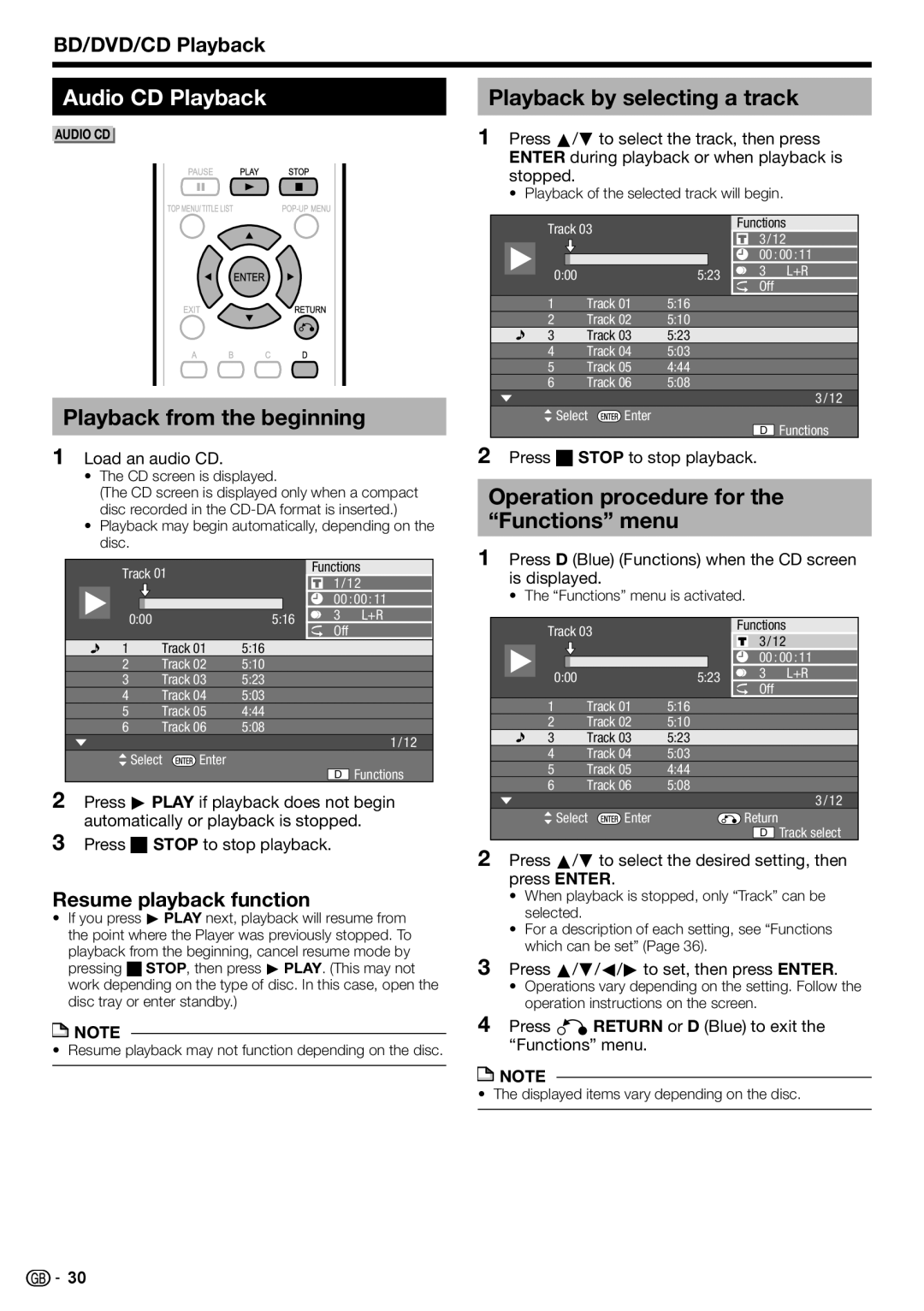 Sharp BD-HP22H operation manual Audio CD Playback, Playback from the beginning, Playback by selecting a track 