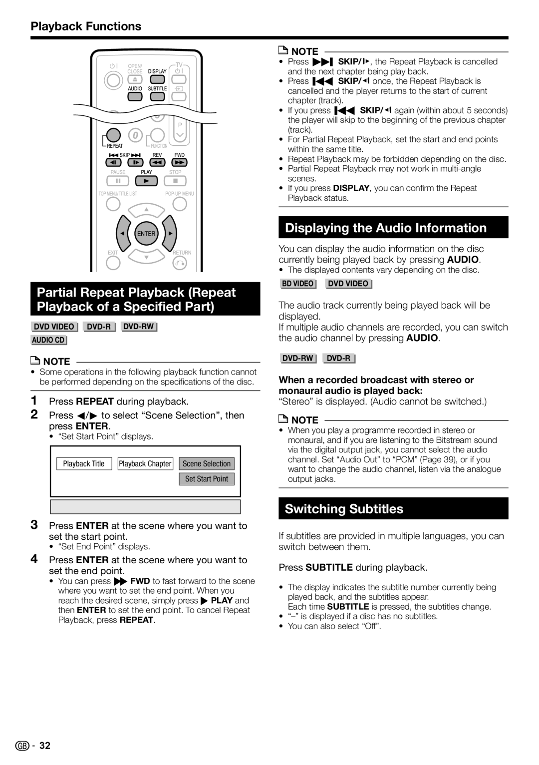 Sharp BD-HP22H Partial Repeat Playback Repeat Playback of a Specified Part, Displaying the Audio Information 