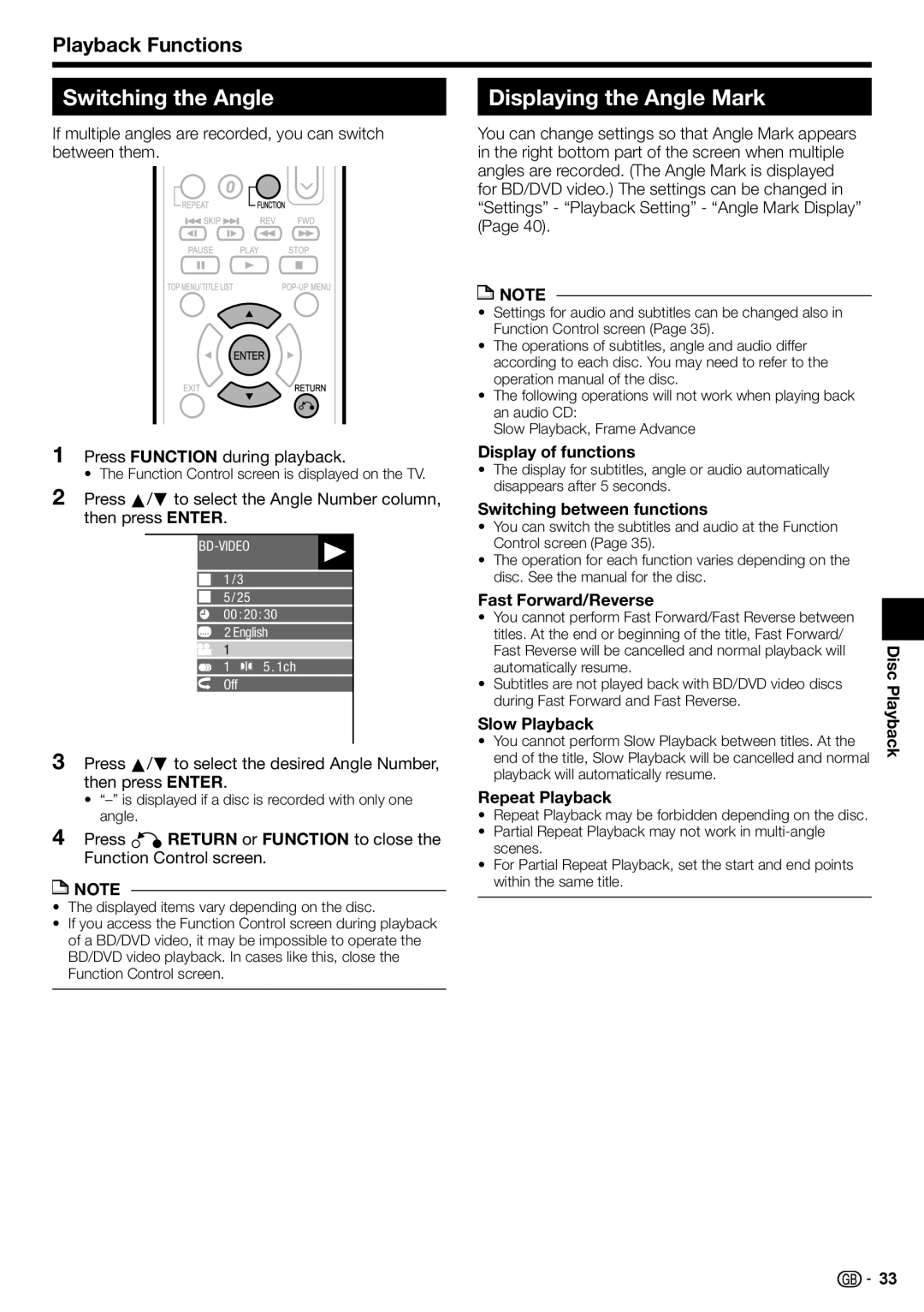 Sharp BD-HP22H operation manual Switching the Angle, Displaying the Angle Mark 