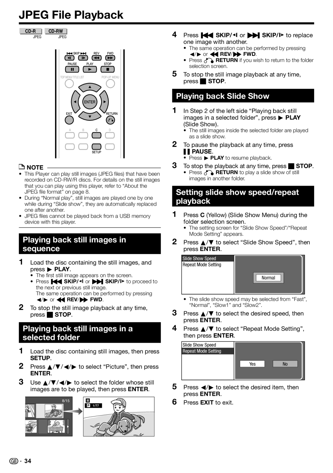 Sharp BD-HP22H operation manual Jpeg File Playback, Playing back Slide Show, Playing back still images in sequence 