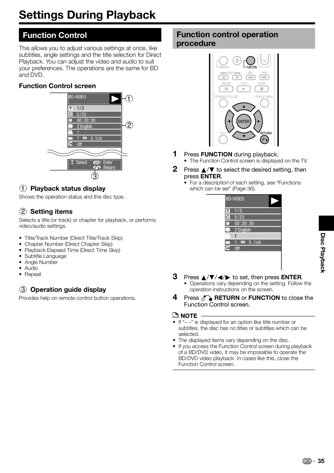 Sharp BD-HP22H operation manual Settings During Playback, Function Control, Function control operation procedure 