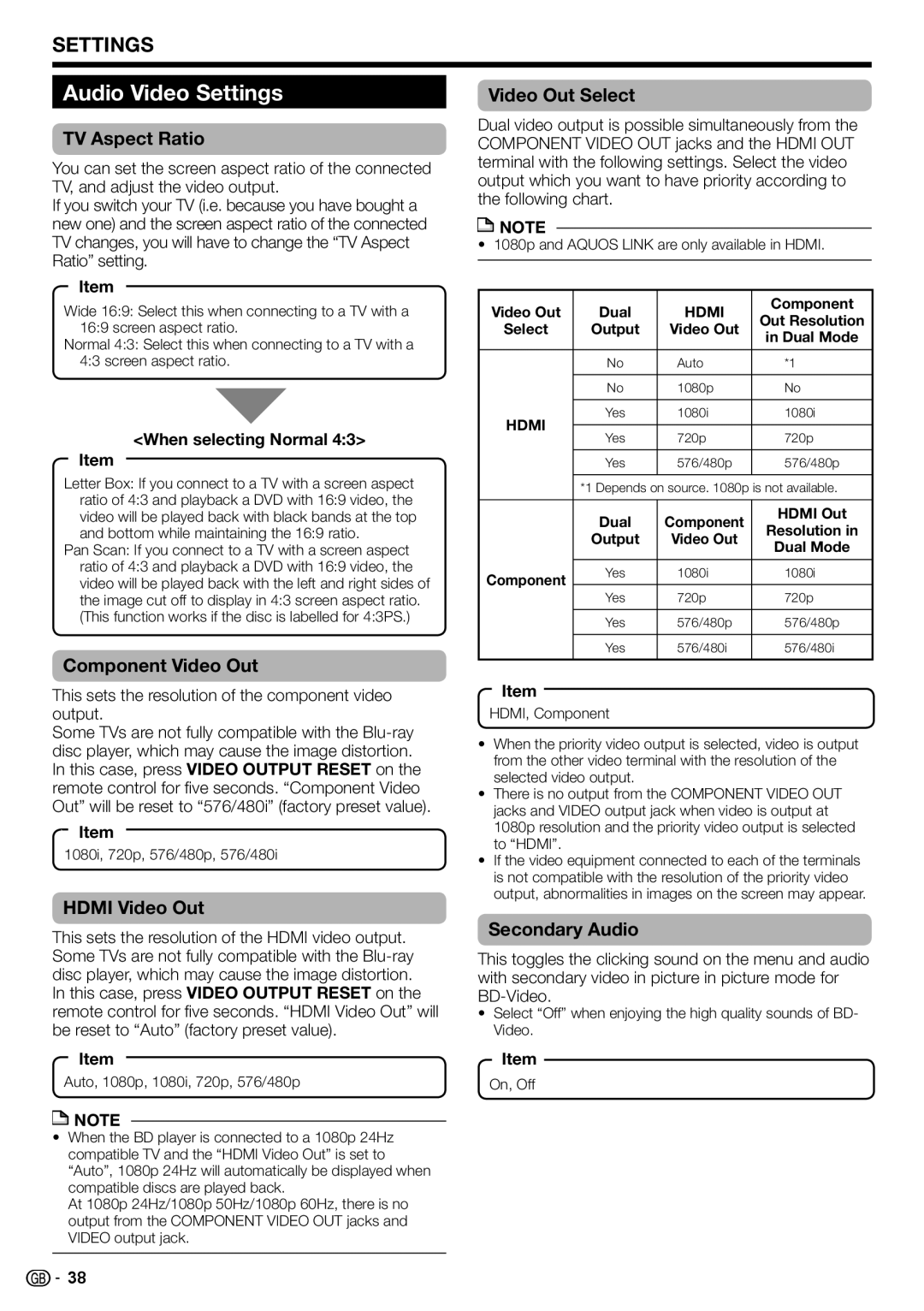 Sharp BD-HP22H operation manual Audio Video Settings 