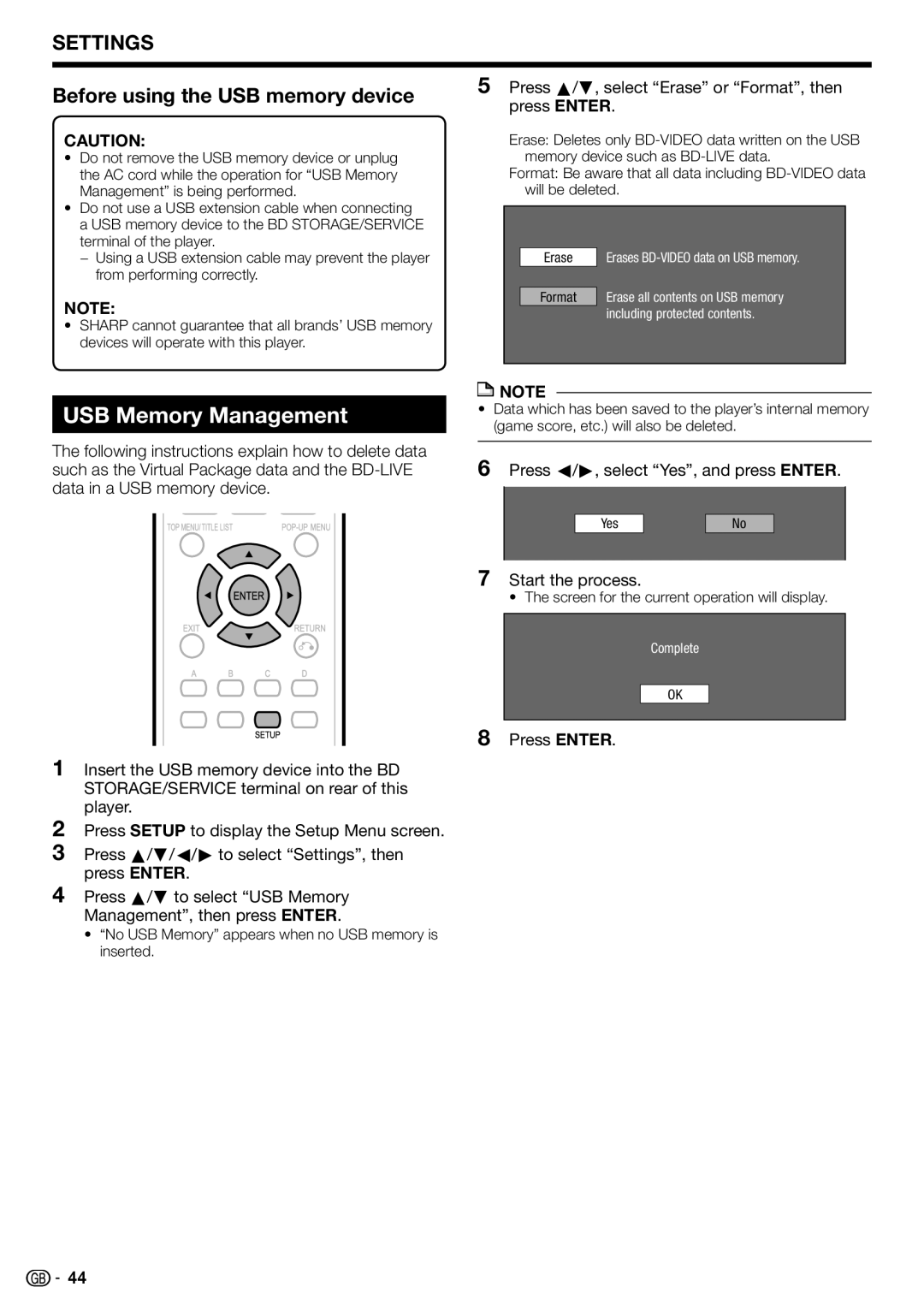 Sharp BD-HP22H USB Memory Management, Before using the USB memory device, Press c/d, select Yes, and press Enter 