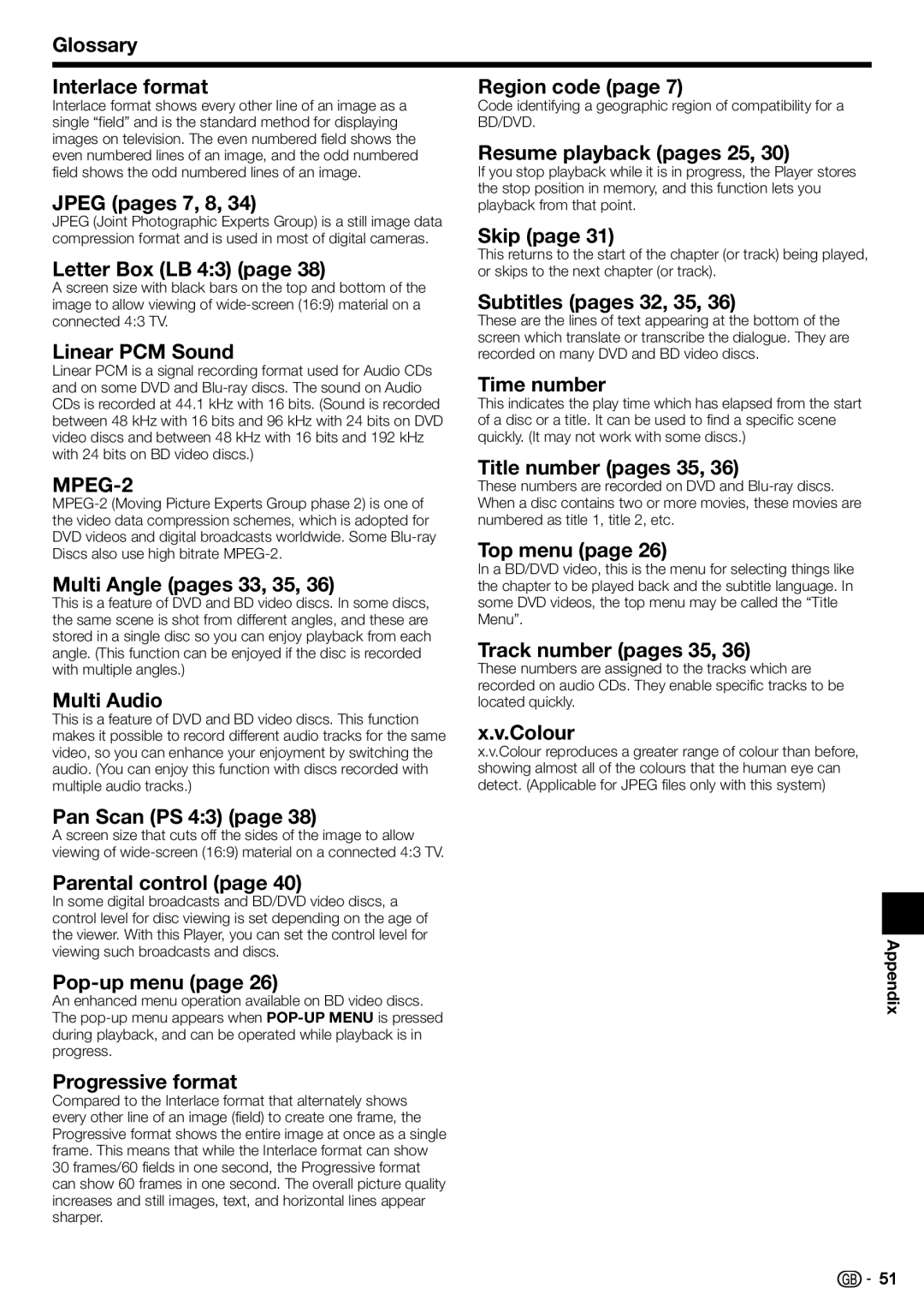 Sharp BD-HP22H Glossary Interlace format Region code, Jpeg pages 7, 8, Letter Box LB 43, Linear PCM Sound, Multi Audio 