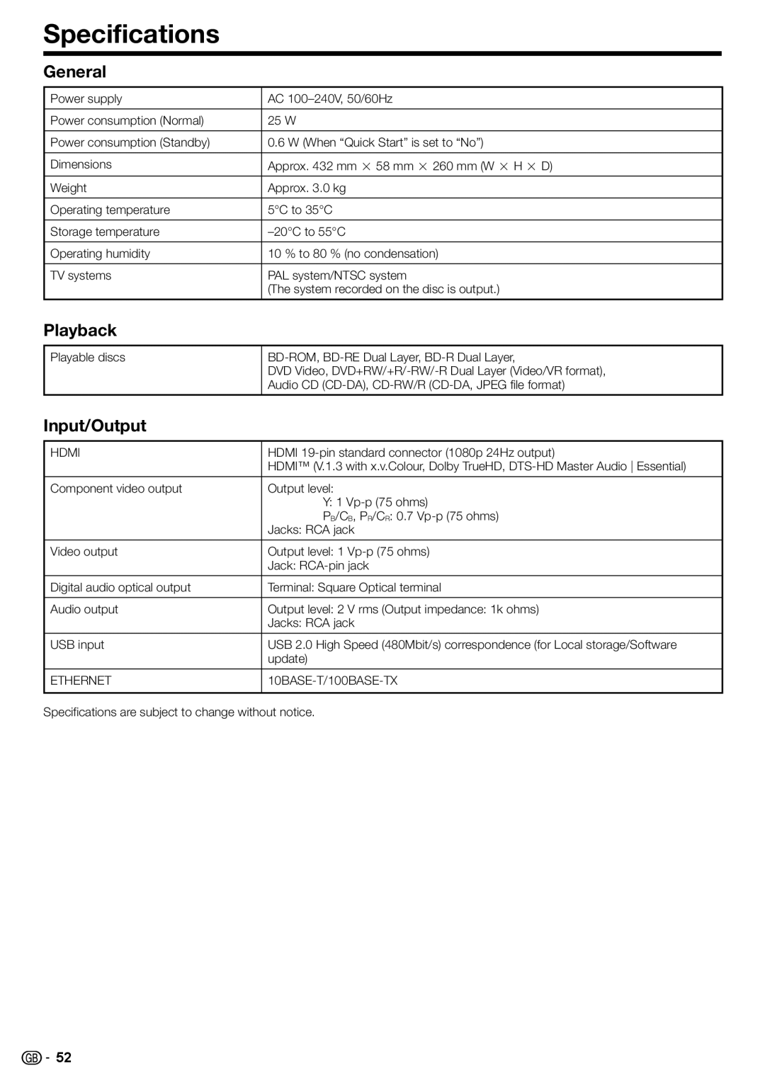 Sharp BD-HP22H operation manual Specifications, General, Playback, Input/Output 