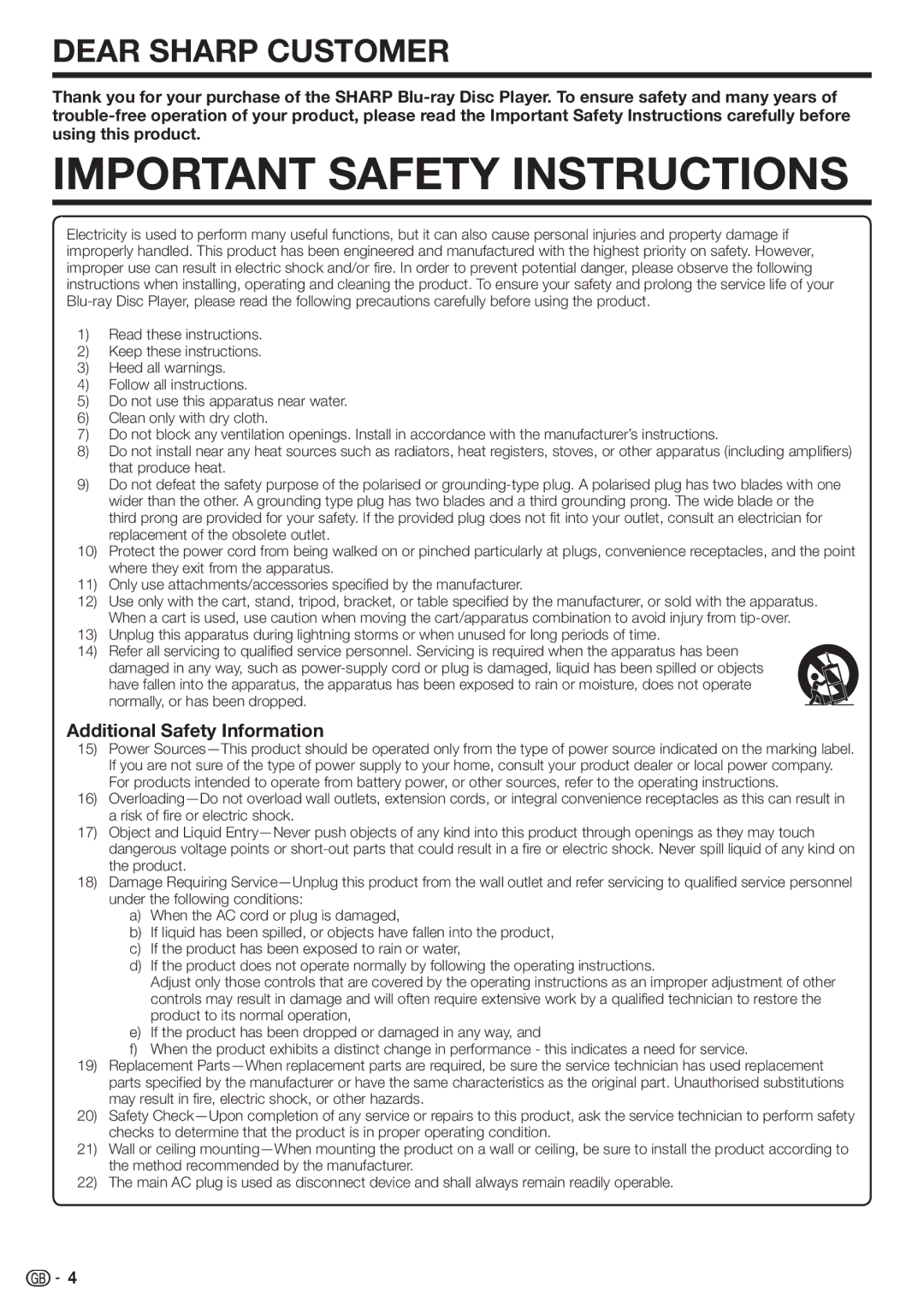 Sharp BD-HP22H operation manual Dear Sharp Customer, Additional Safety Information 