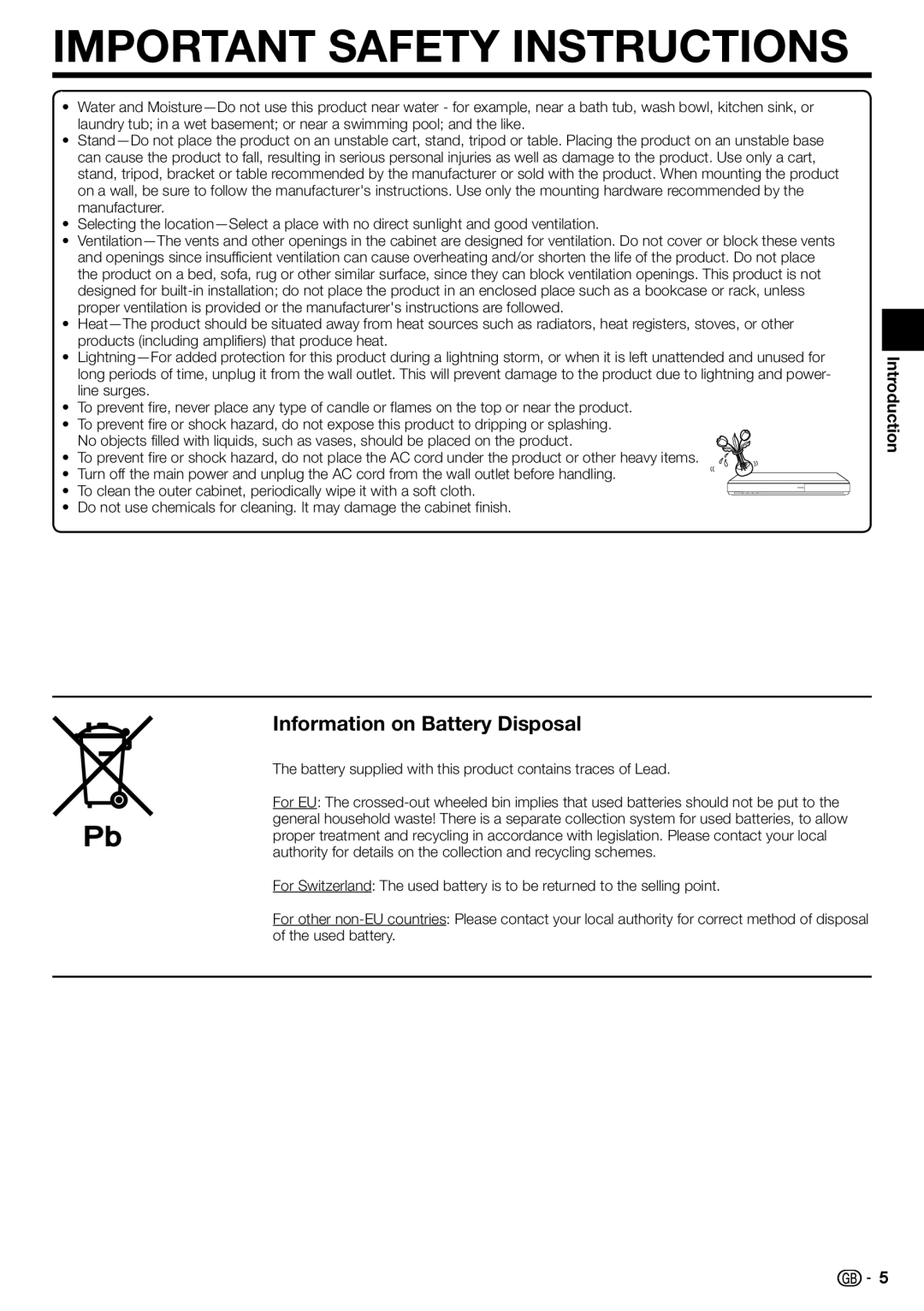 Sharp BD-HP22H Information on Battery Disposal, Introduction, Battery supplied with this product contains traces of Lead 