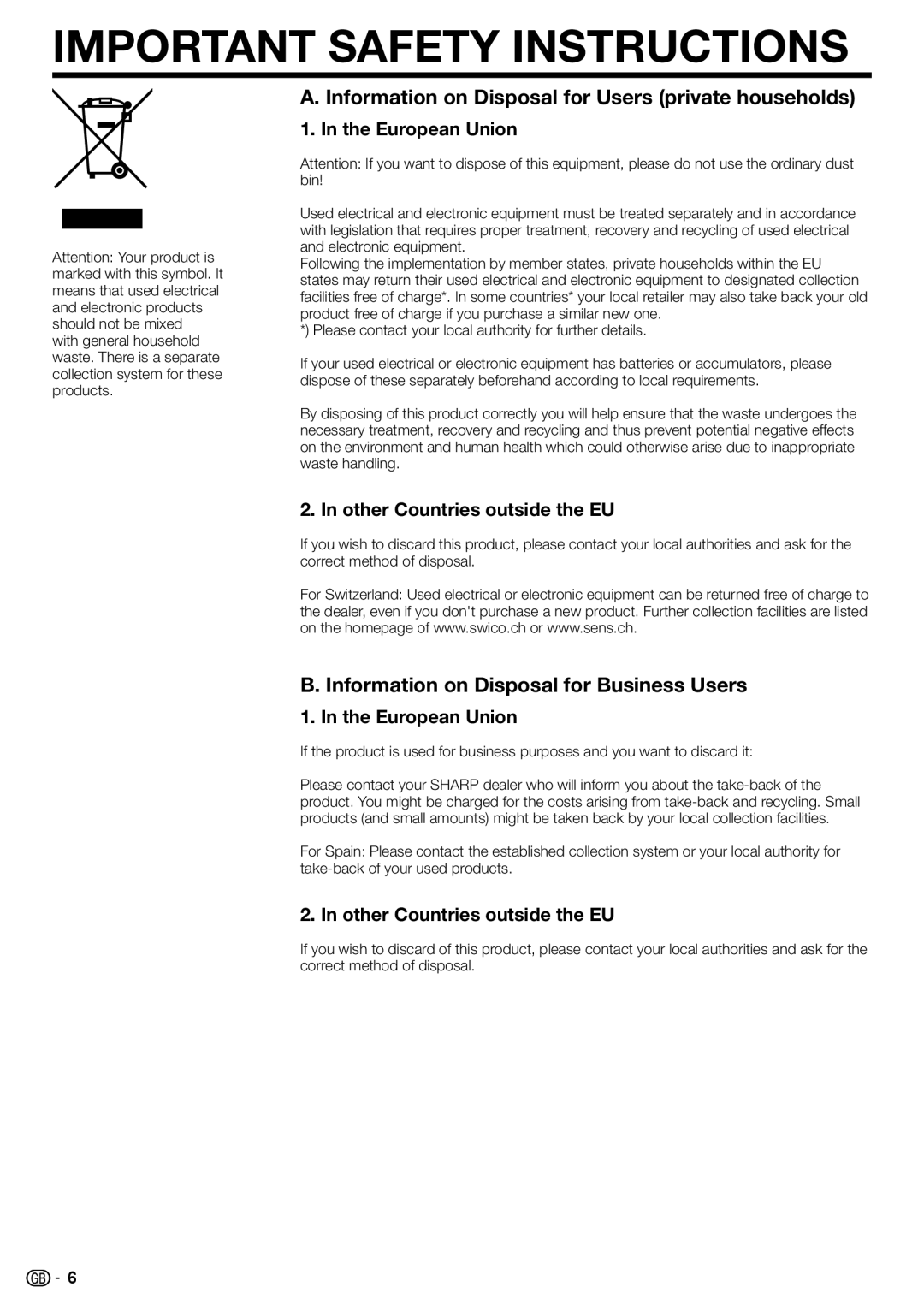 Sharp BD-HP22H Information on Disposal for Users private households, Information on Disposal for Business Users 