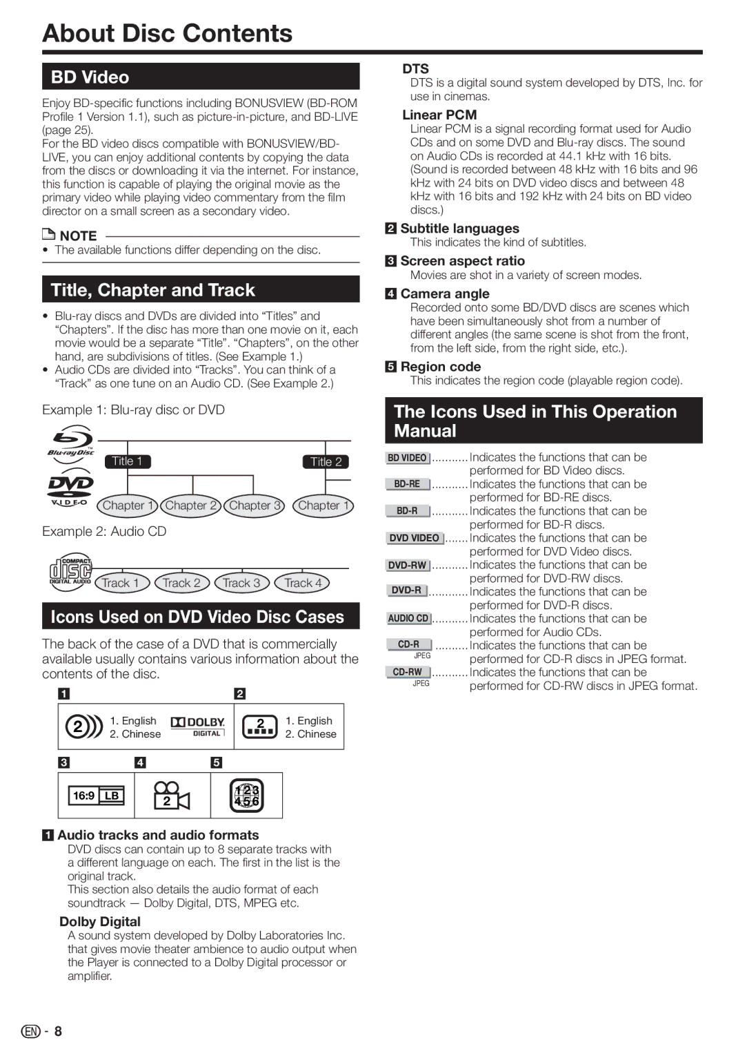 Sharp BD-HP22U operation manual About Disc Contents 