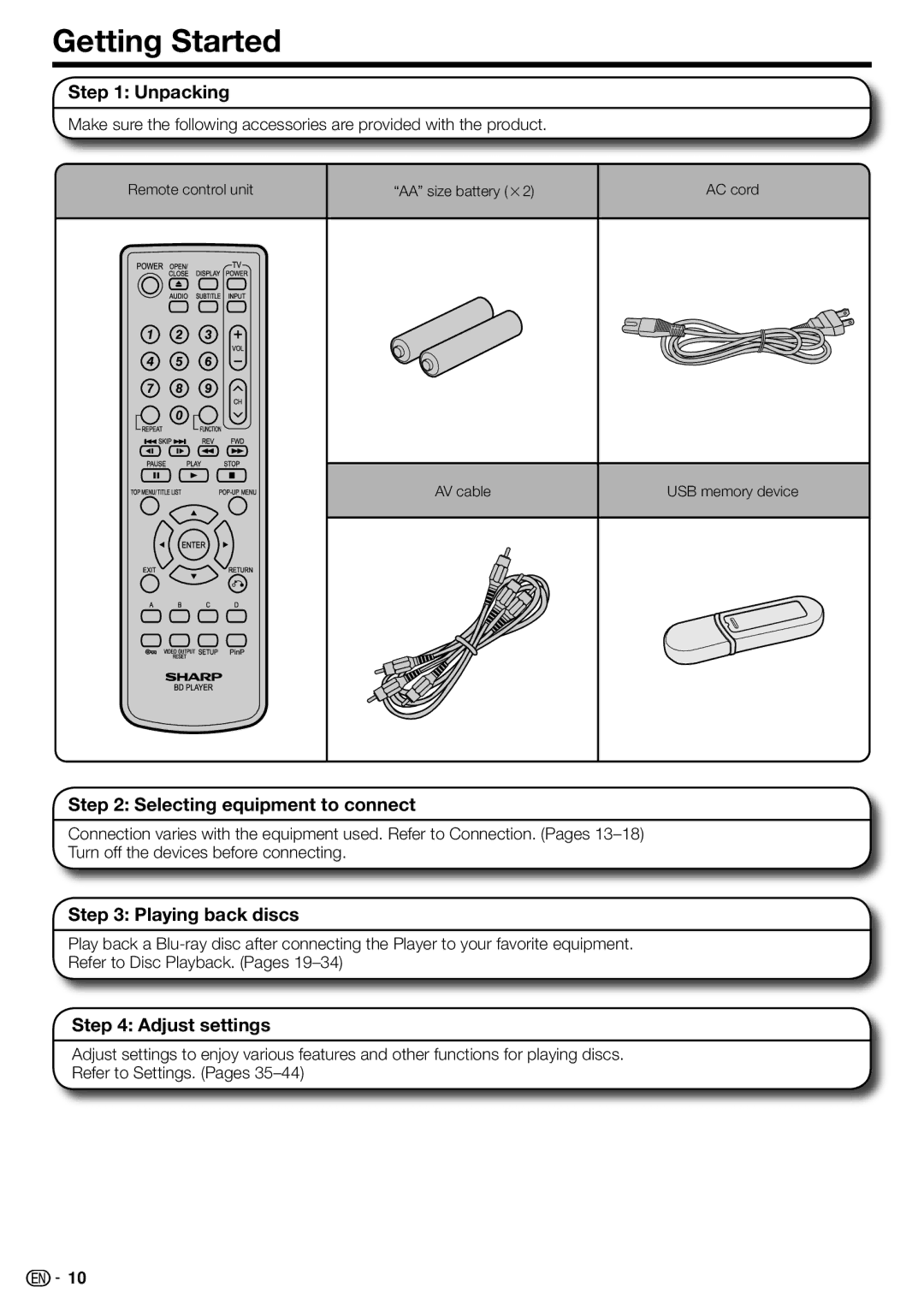 Sharp BD-HP22U Getting Started, Unpacking, Selecting equipment to connect, Playing back discs, Adjust settings 