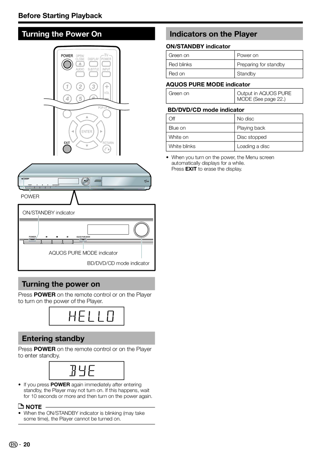 Sharp BD-HP22U operation manual Turning the Power On, Indicators on the Player, Turning the power on, Entering standby 