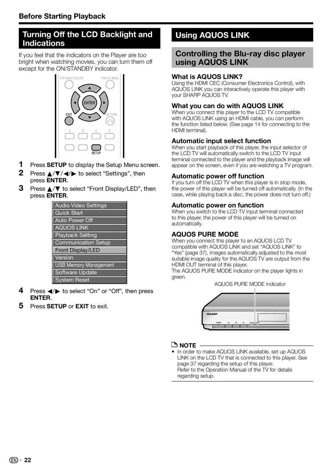 Sharp BD-HP22U operation manual Turning Off the LCD Backlight and Indications, Using Aquos Link 