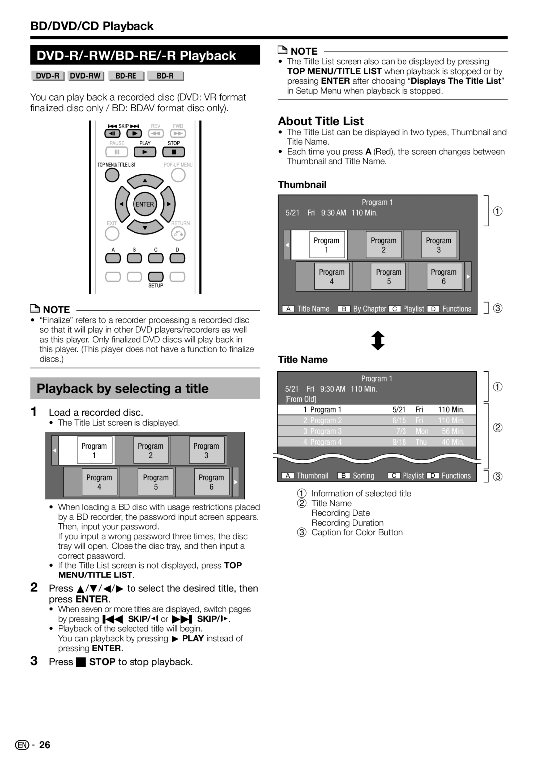 Sharp BD-HP22U DVD-R/-RW/BD-RE/-R Playback, Playback by selecting a title, About Title List, Thumbnail, Title Name 