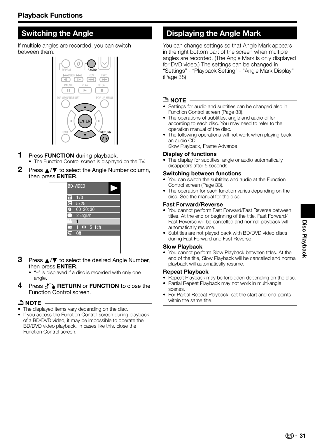 Sharp BD-HP22U operation manual Switching the Angle, Displaying the Angle Mark 