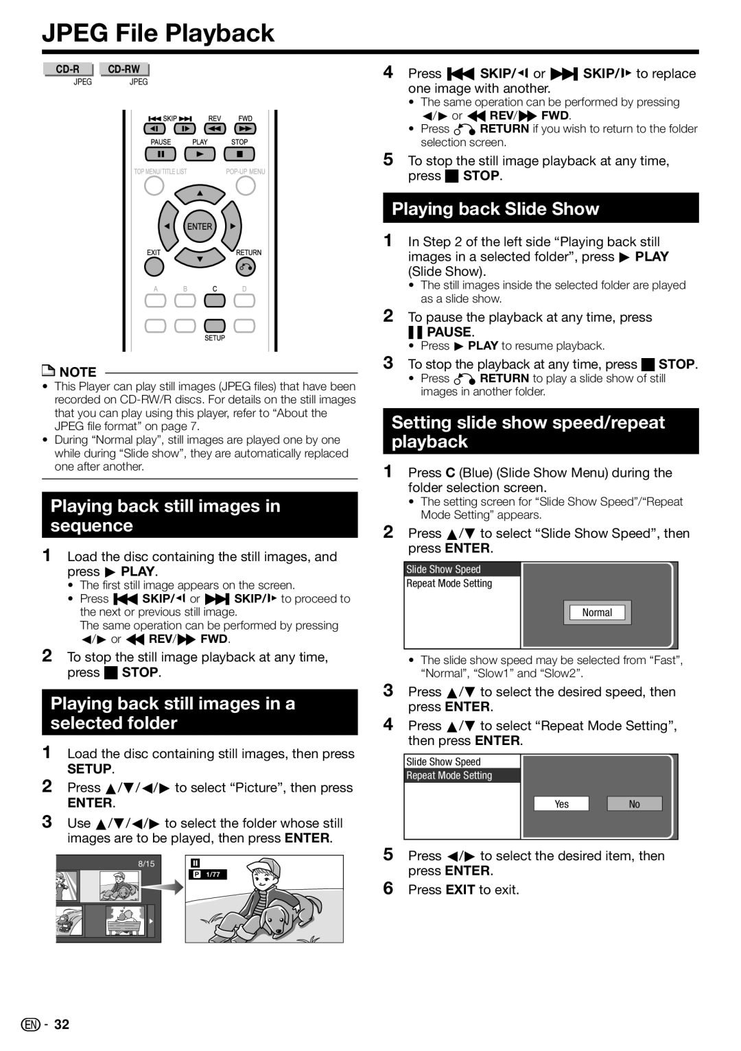 Sharp BD-HP22U operation manual Jpeg File Playback, Playing back Slide Show, Playing back still images in sequence 