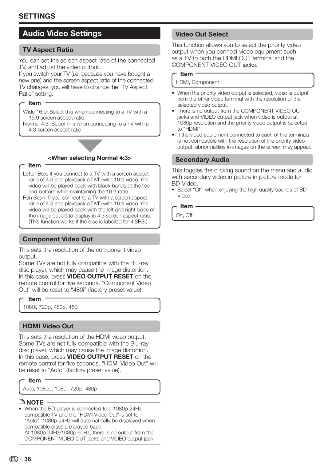 Sharp BD-HP22U operation manual Audio Video Settings 