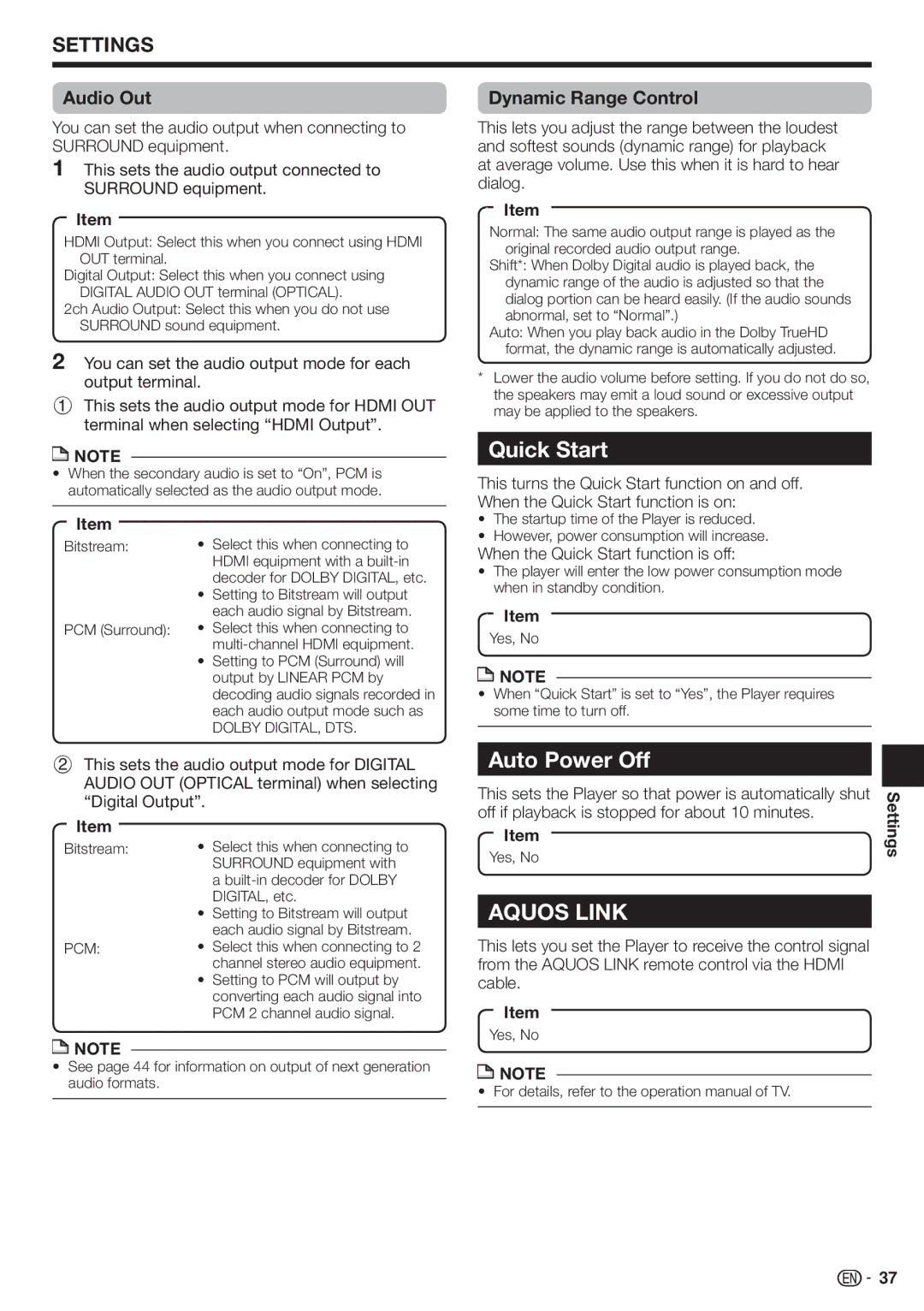 Sharp BD-HP22U operation manual Auto Power Off, Audio Out Dynamic Range Control, When the Quick Start function is off 