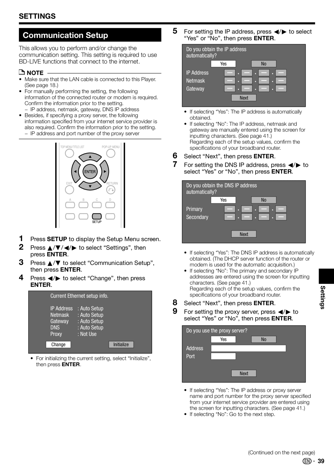 Sharp BD-HP22U operation manual Communication Setup, IP address and port number of the proxy server 