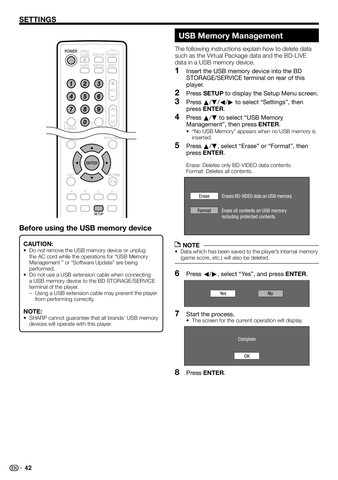 Sharp BD-HP22U USB Memory Management, Before using the USB memory device, Press c/d, select Yes, and press Enter 