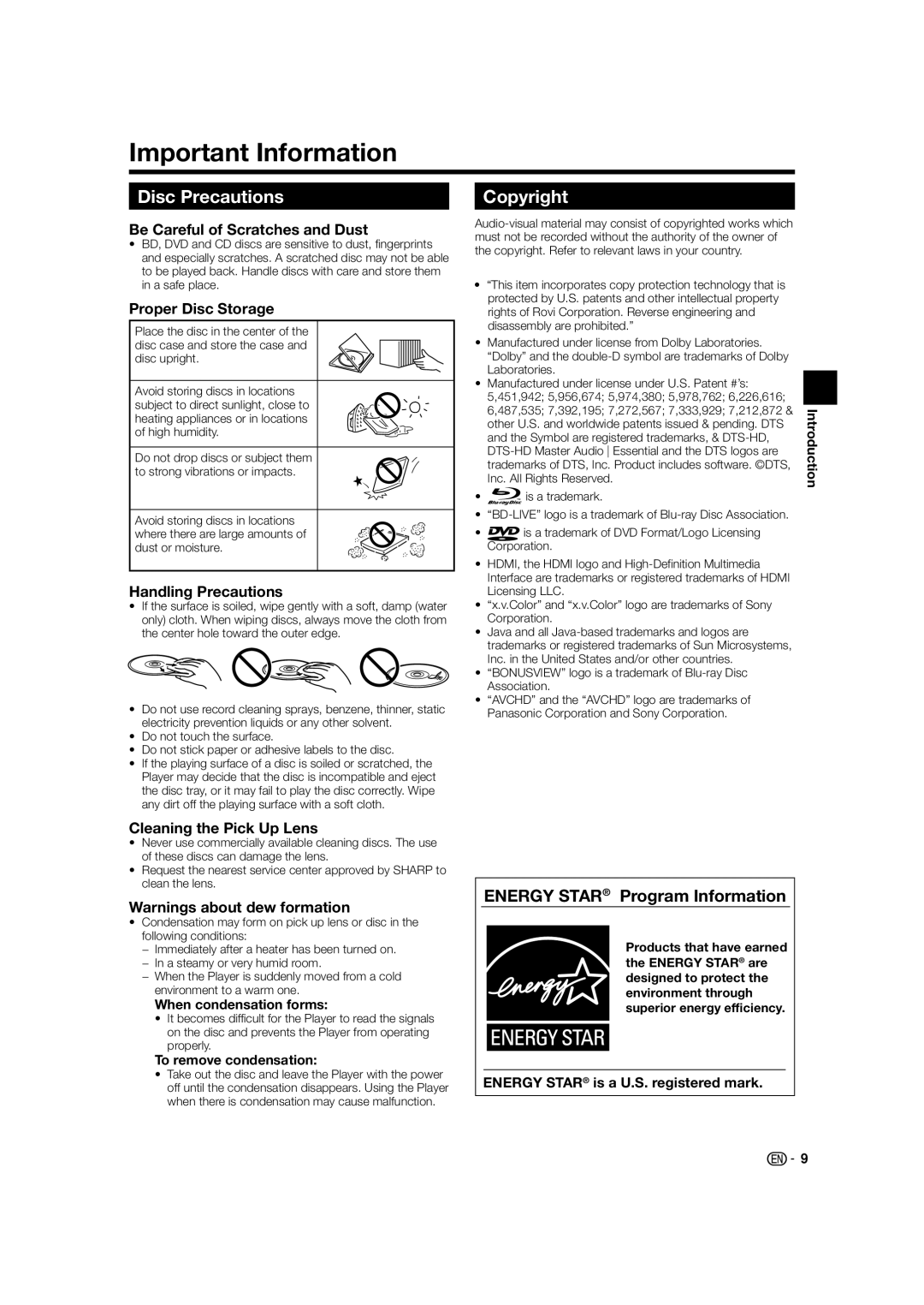 Sharp BD-HP24U(A) operation manual Important Information, Disc Precautions, Copyright, Energy Star Program Information 