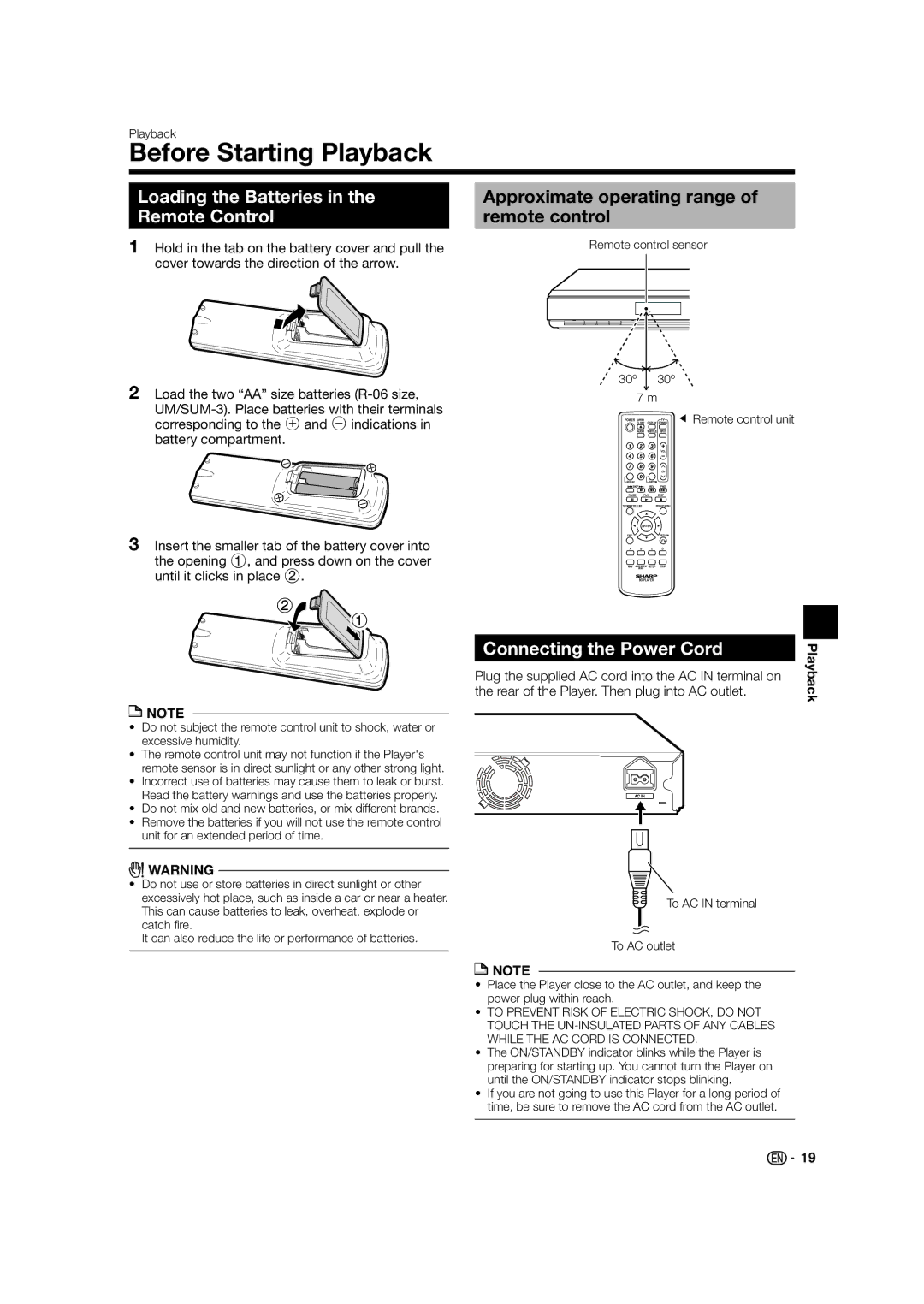 Sharp BD-HP24U(A) Before Starting Playback, Loading the Batteries in the Remote Control, Connecting the Power Cord 