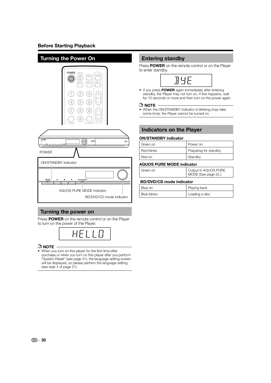 Sharp BD-HP24U(A) operation manual Turning the Power On Entering standby, Indicators on the Player, Turning the power on 