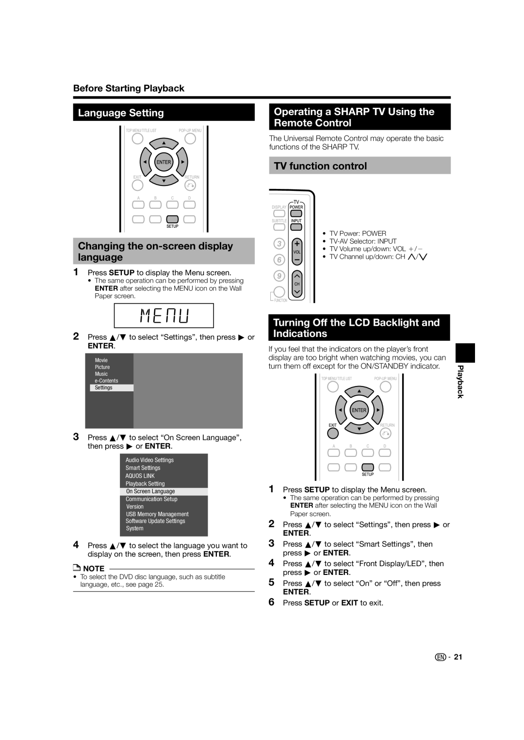 Sharp BD-HP24U(A) Language Setting, Changing the on-screen display language, Press Setup to display the Menu screen 