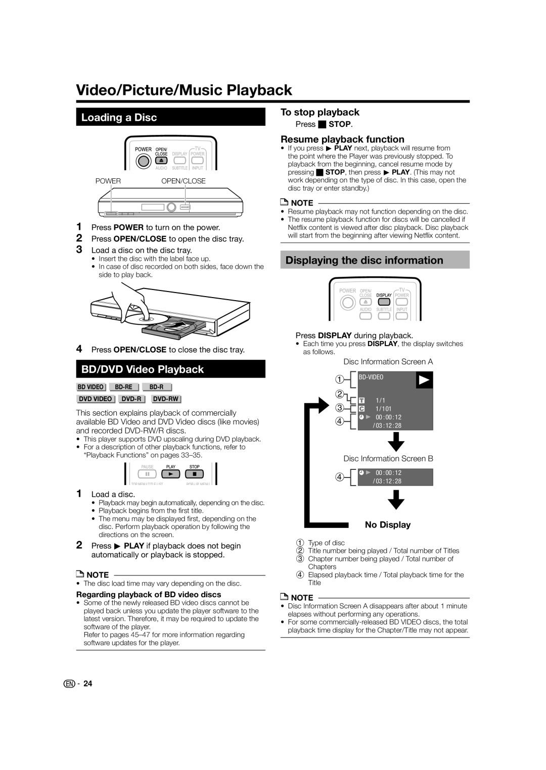 Sharp BD-HP24U(A) Video/Picture/Music Playback, Loading a Disc, BD/DVD Video Playback, Displaying the disc information 