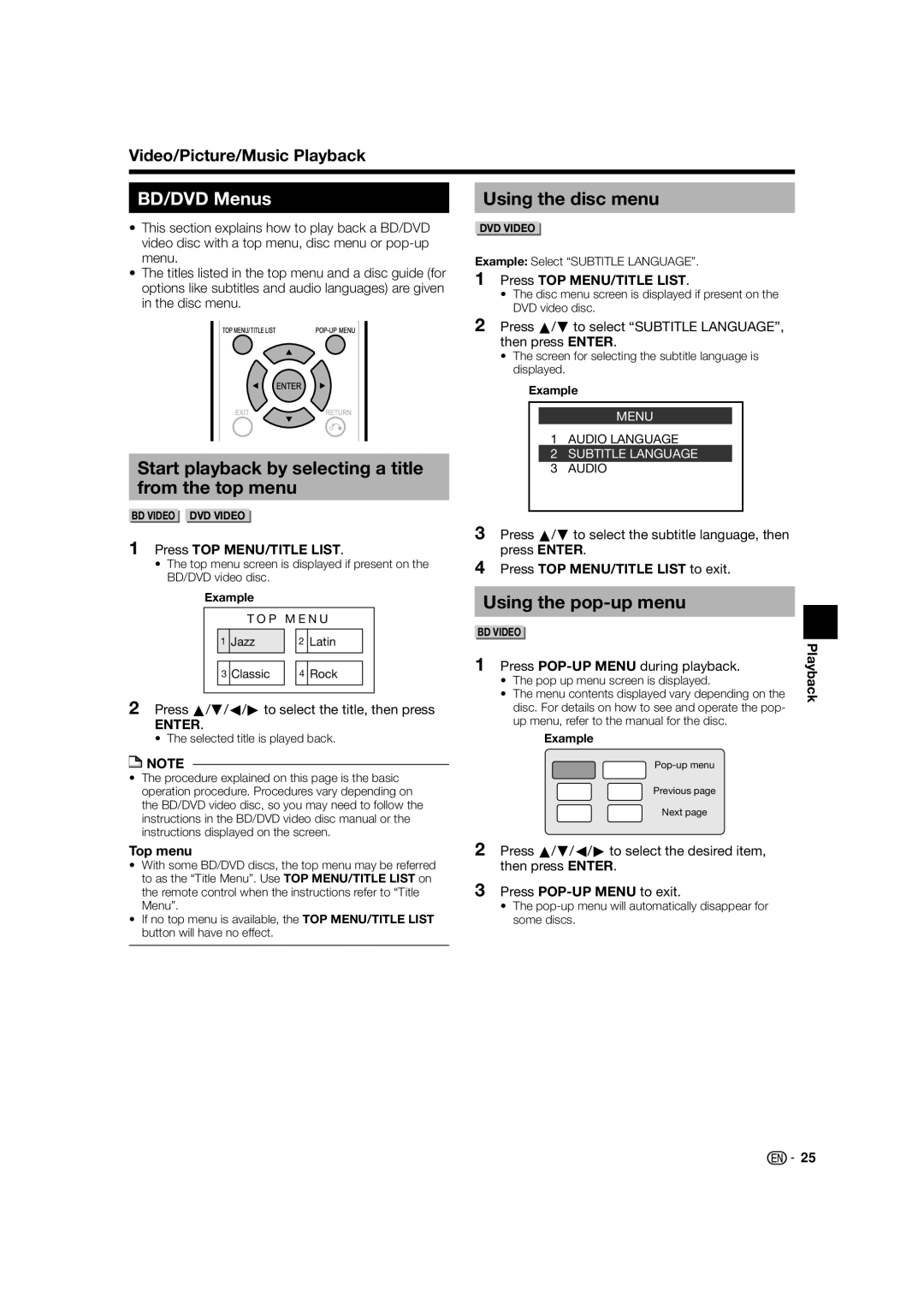 Sharp BD-HP24U(A) operation manual BD/DVD Menus, Start playback by selecting a title from the top menu, Using the disc menu 