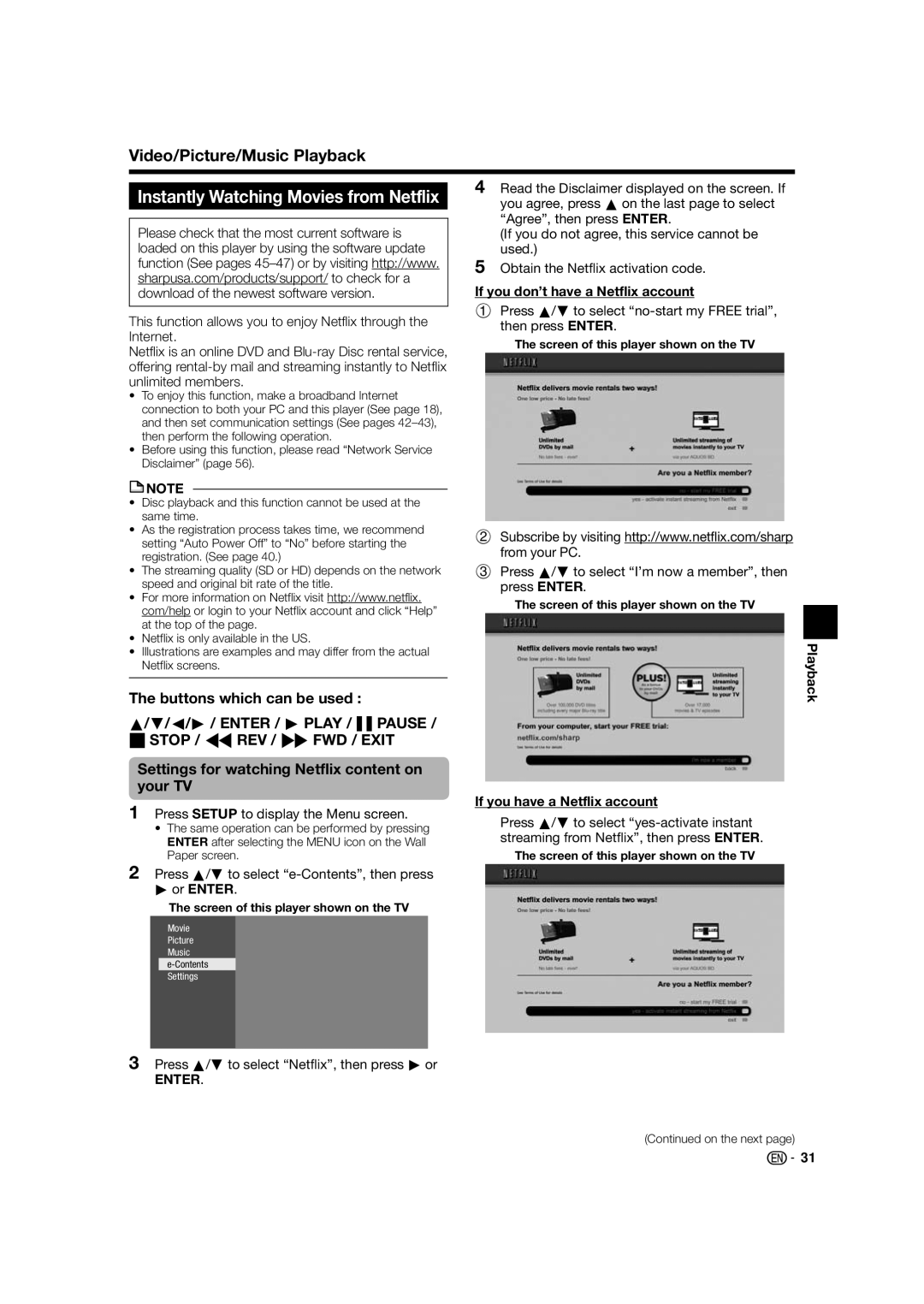 Sharp BD-HP24U(A) Buttons which can be used C/d / Enter / d Play / Fpause, If you don’t have a Netflix account, Or Enter 