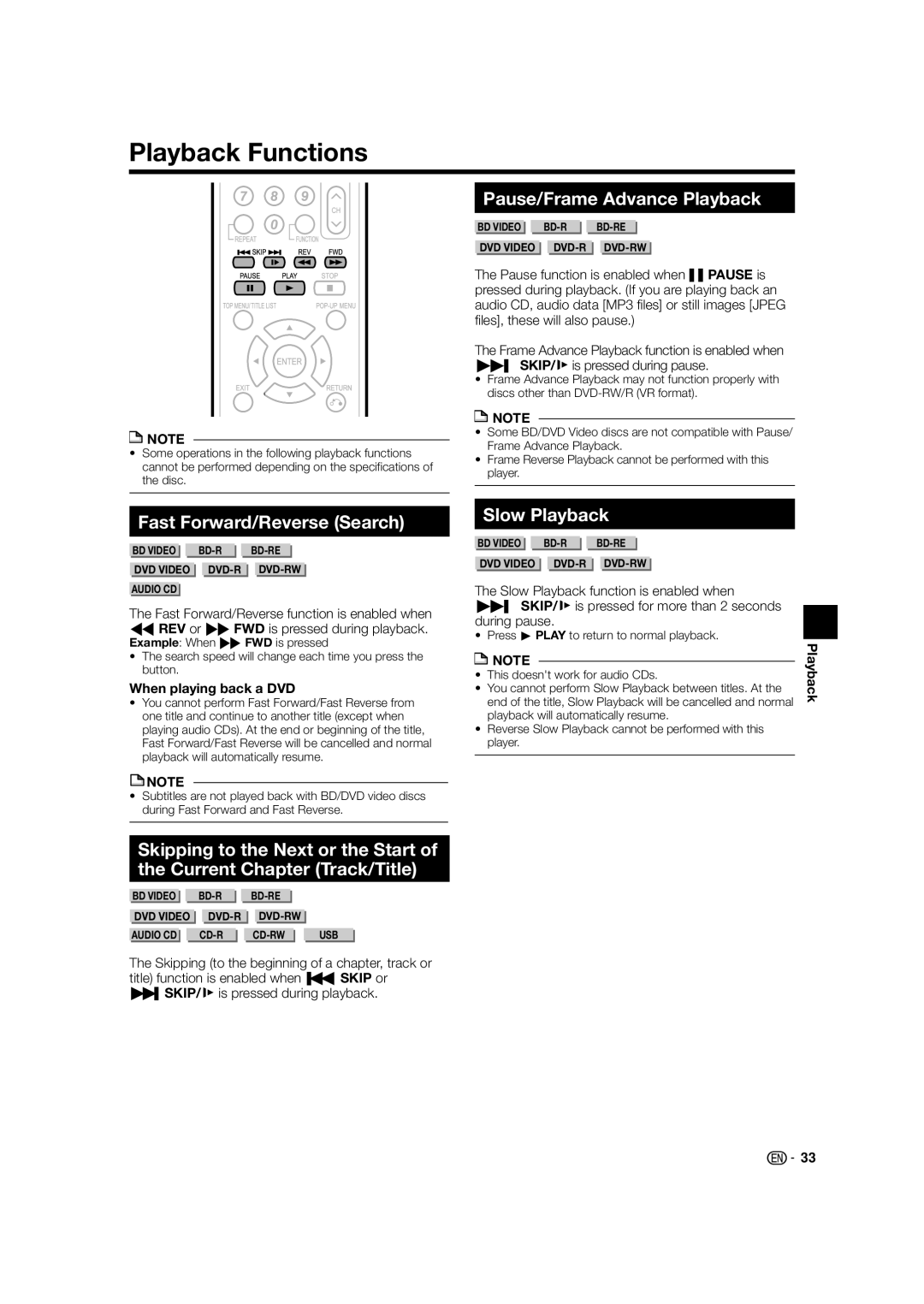 Sharp BD-HP24U(A) Playback Functions, Fast Forward/Reverse Search, Pause/Frame Advance Playback, Slow Playback 