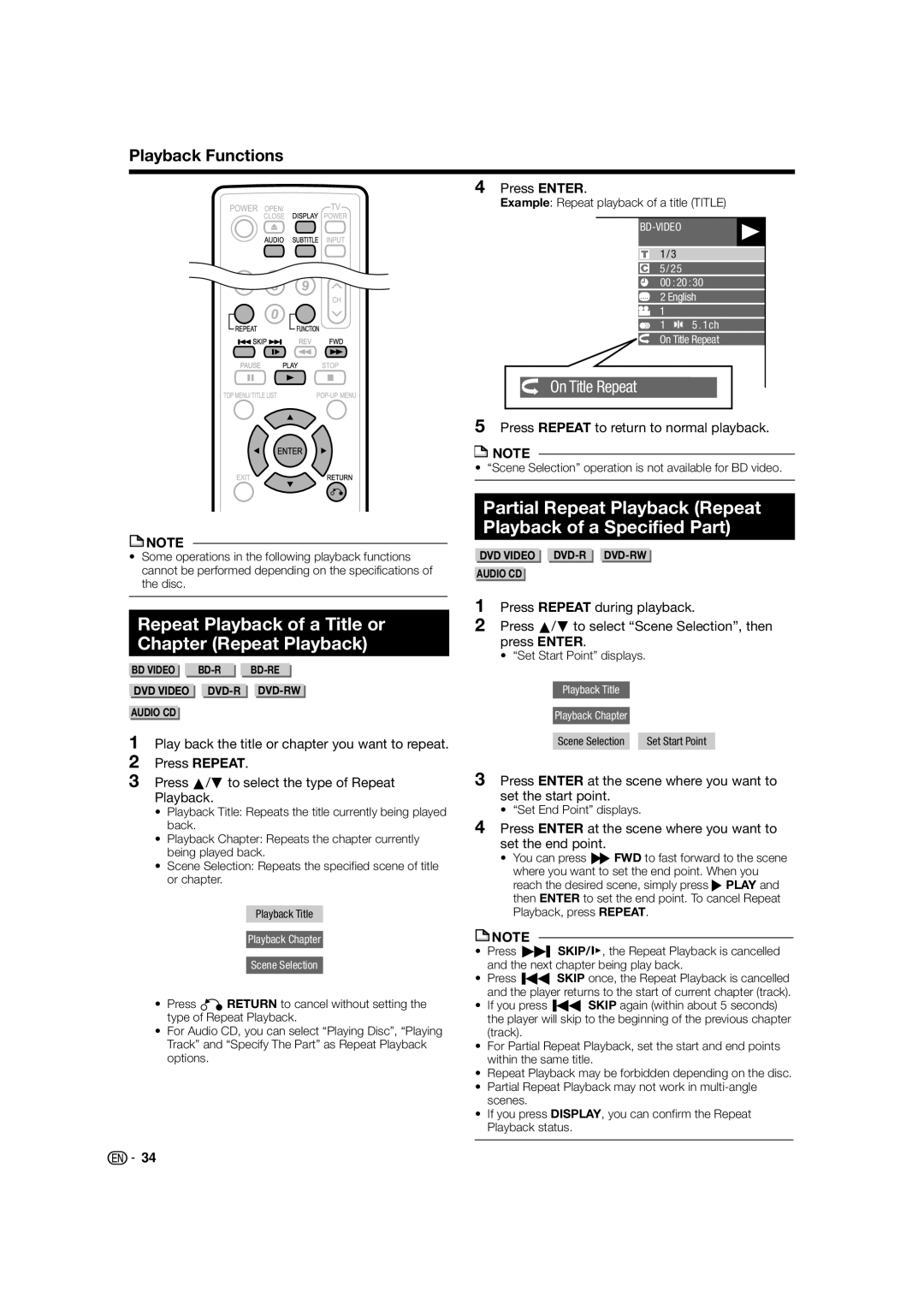 Sharp BD-HP24U(A) operation manual Repeat Playback of a Title or Chapter Repeat Playback, Playback Functions, Press Enter 