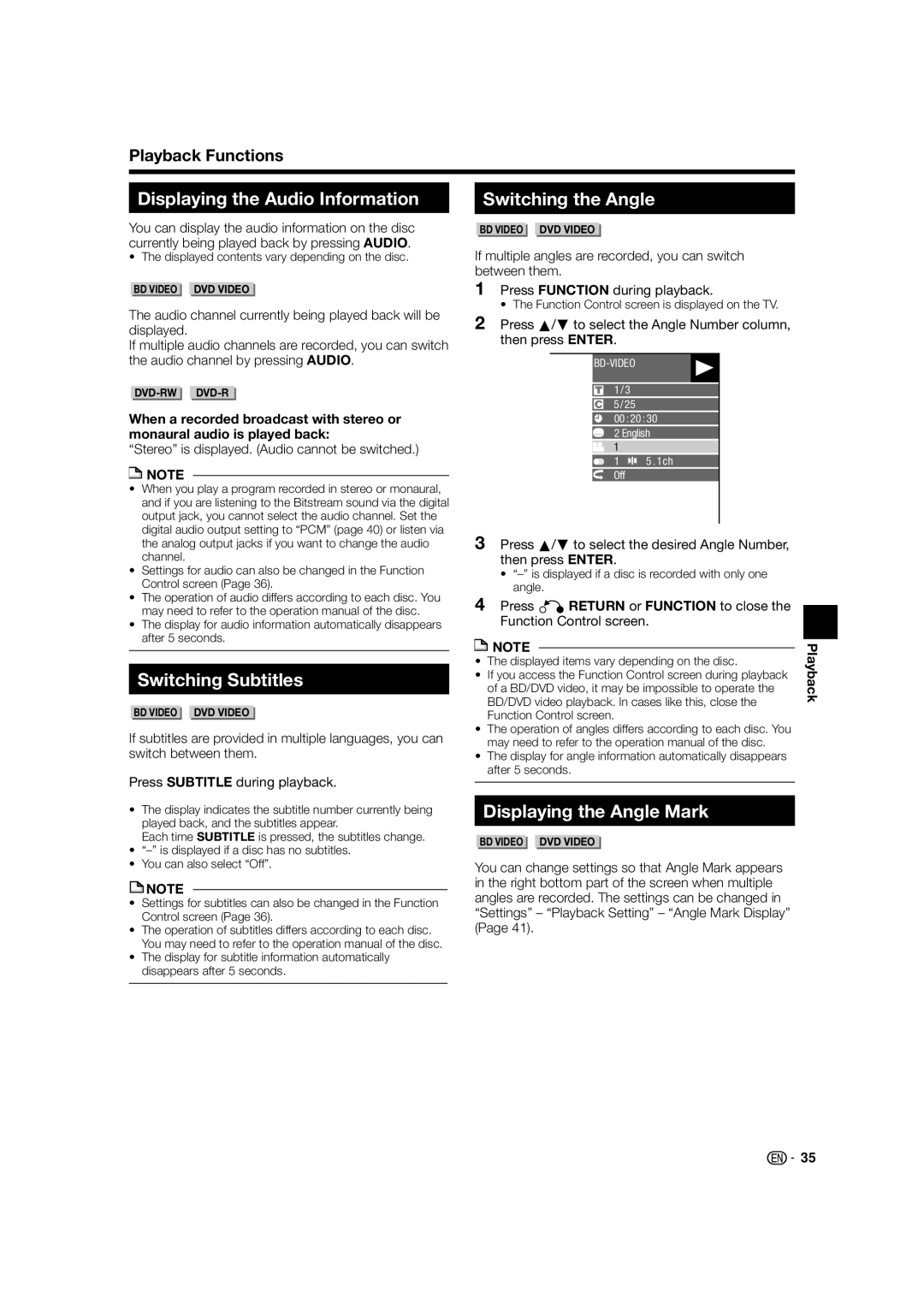 Sharp BD-HP24U(A) Displaying the Audio Information, Switching Subtitles, Switching the Angle, Displaying the Angle Mark 