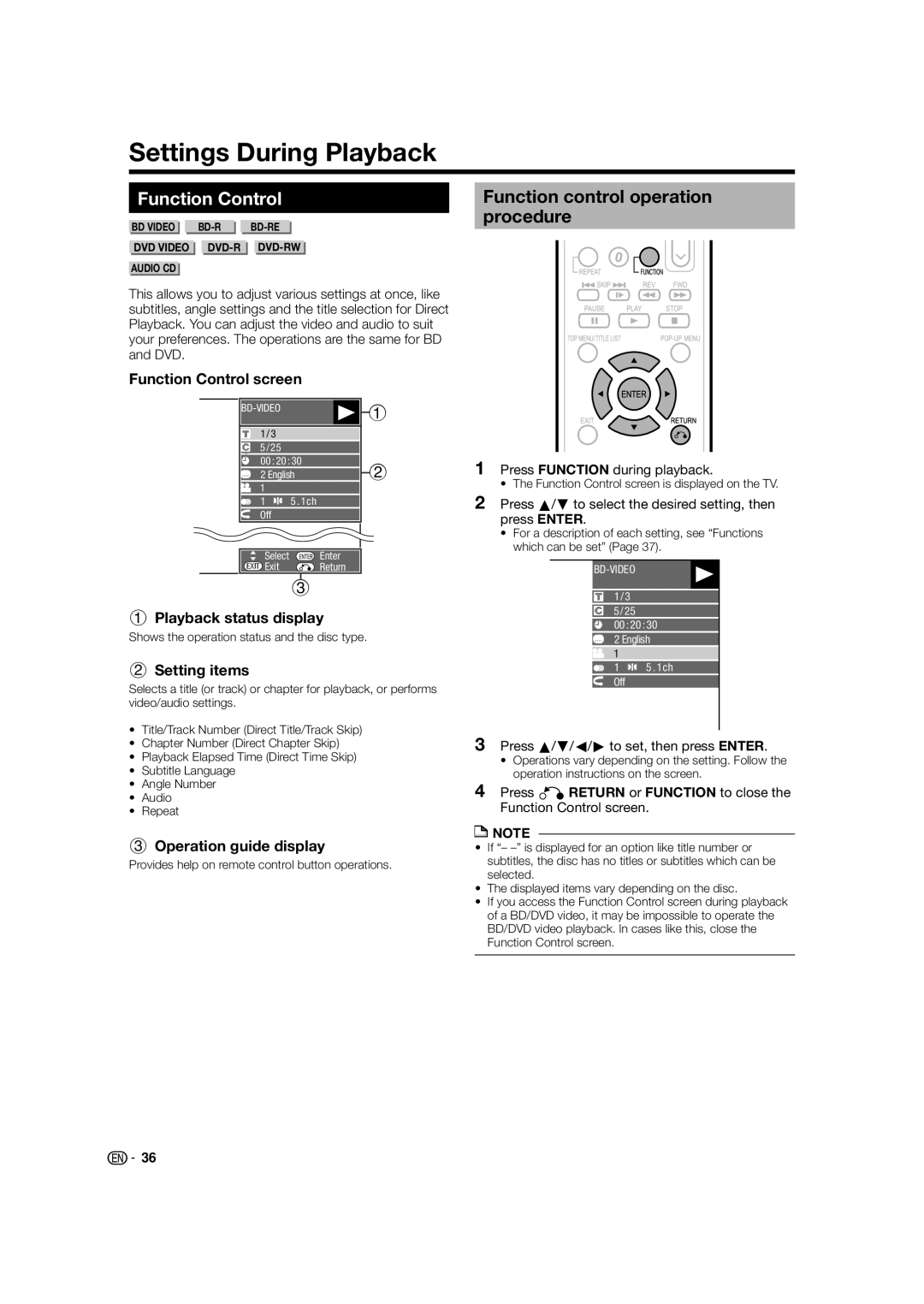 Sharp BD-HP24U(A) operation manual Settings During Playback, Function Control, Function control operation procedure 