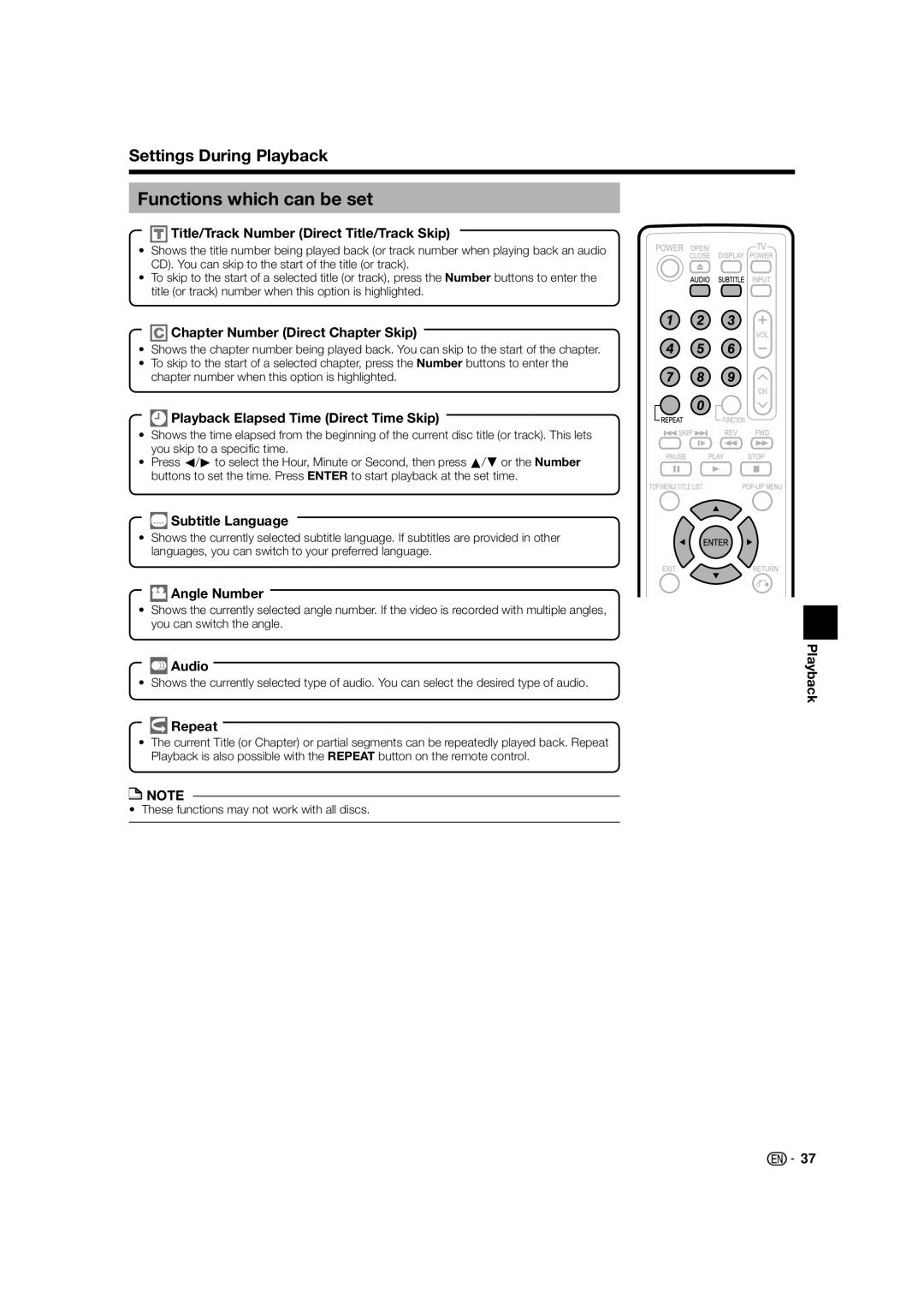 Sharp BD-HP24U(A) operation manual Functions which can be set, Settings During Playback 