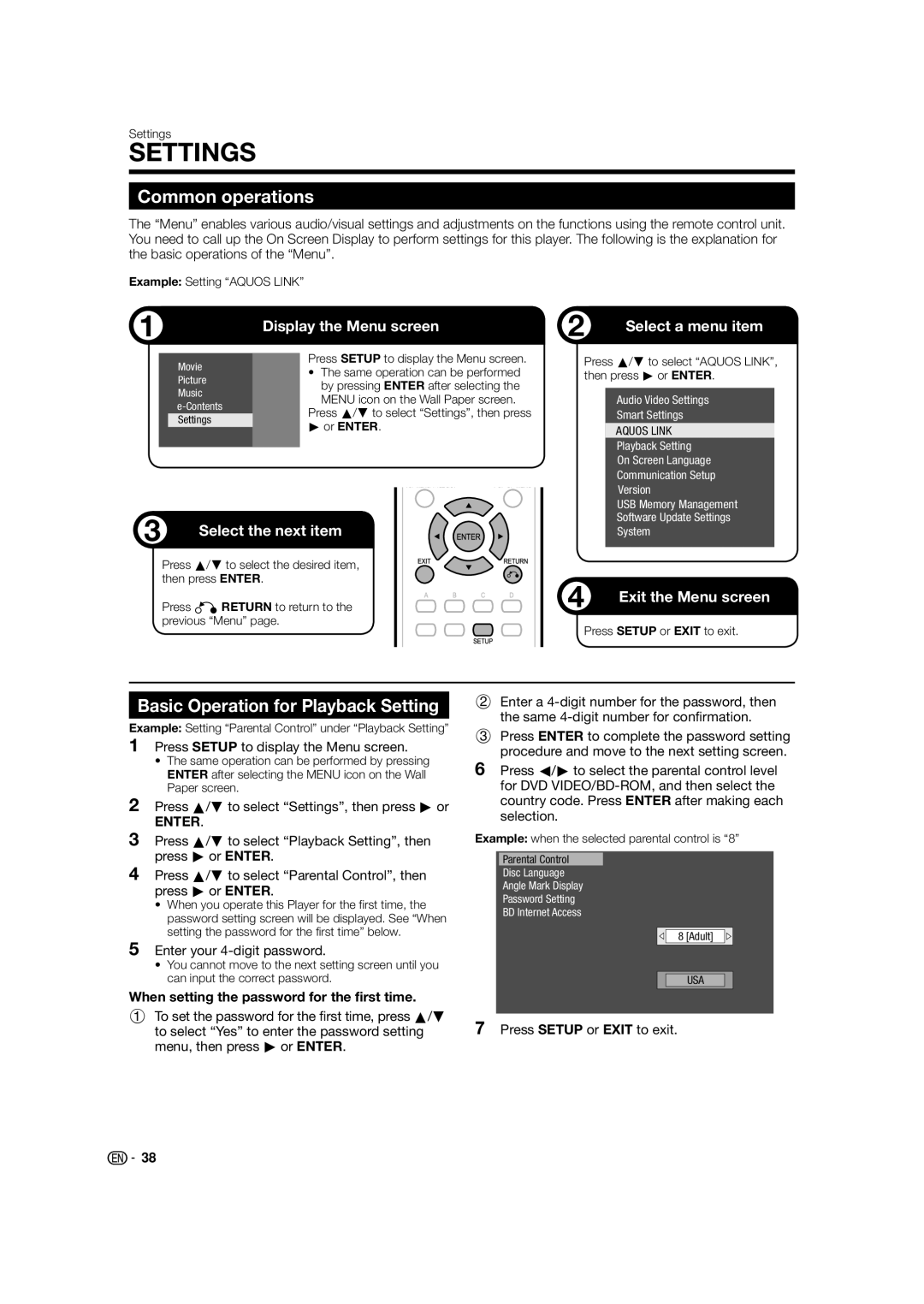 Sharp BD-HP24U(A) operation manual Common operations, Basic Operation for Playback Setting, Enter your 4-digit password 