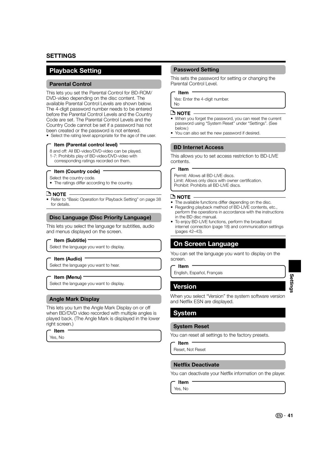 Sharp BD-HP24U(A) operation manual Playback Setting, On Screen Language, Version, System 